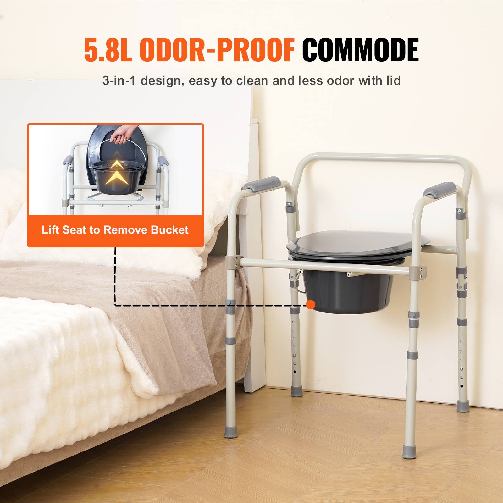 5.8L ODOR-PROOF COMMODE
3-in-1 design, easy to clean and less odor with lid
Lift Seat to Remove Bucket