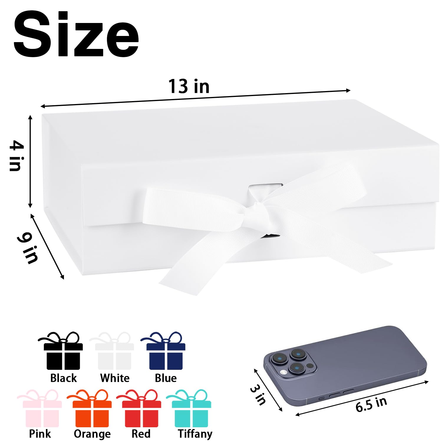 Size  
13 in x 4 in x 9 in  

Colors:  
- Black  
- White  
- Blue  
- Pink  
- Orange  
- Red  
- Tiffany  

Phone Size:  
3 in x 6.5 in