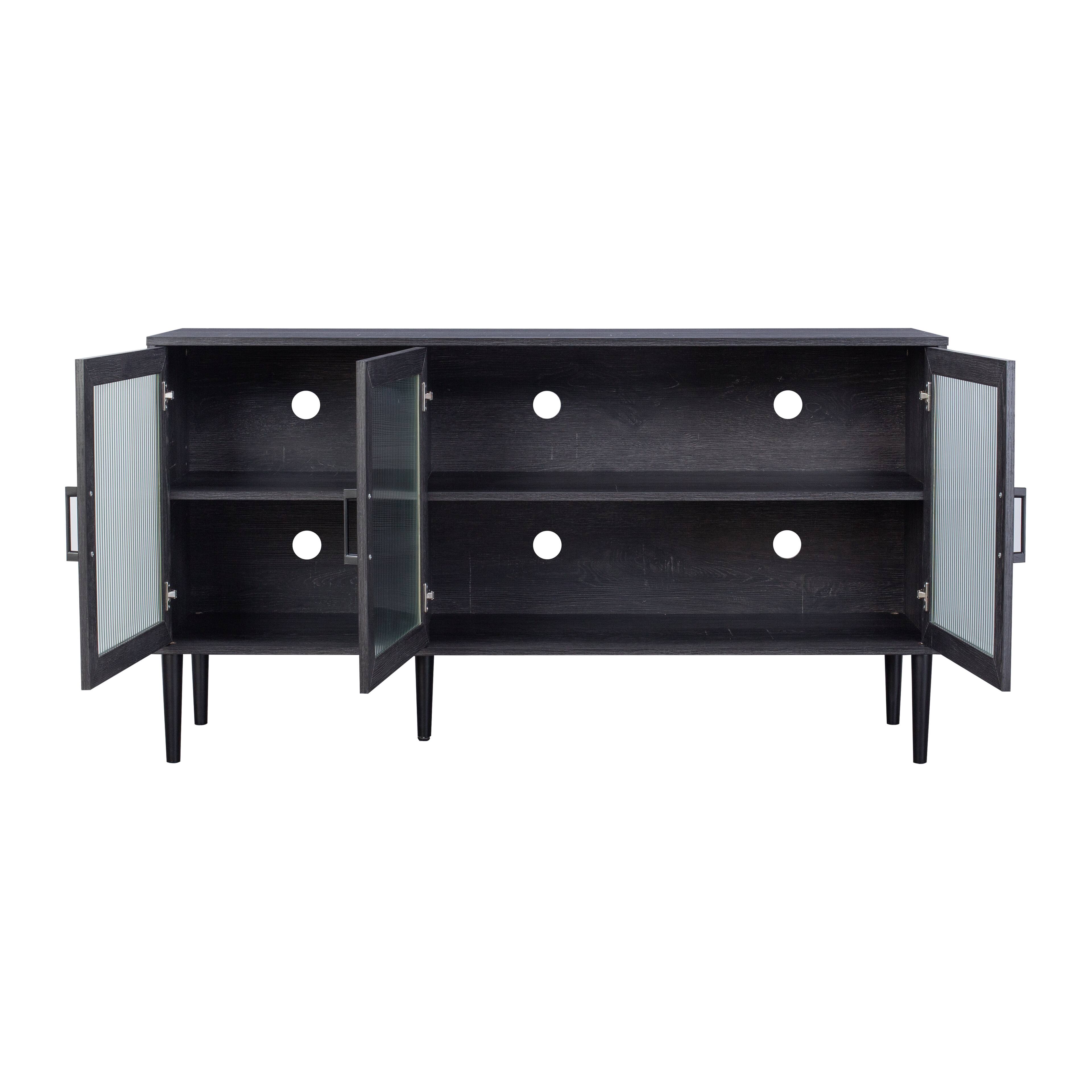 Angle. CorLiving - CorLiving Ethan Engineered Wood Sideboard with 3 Fluted Glass Doors and 4 Internal Shelves - Distressed Dark Grey.