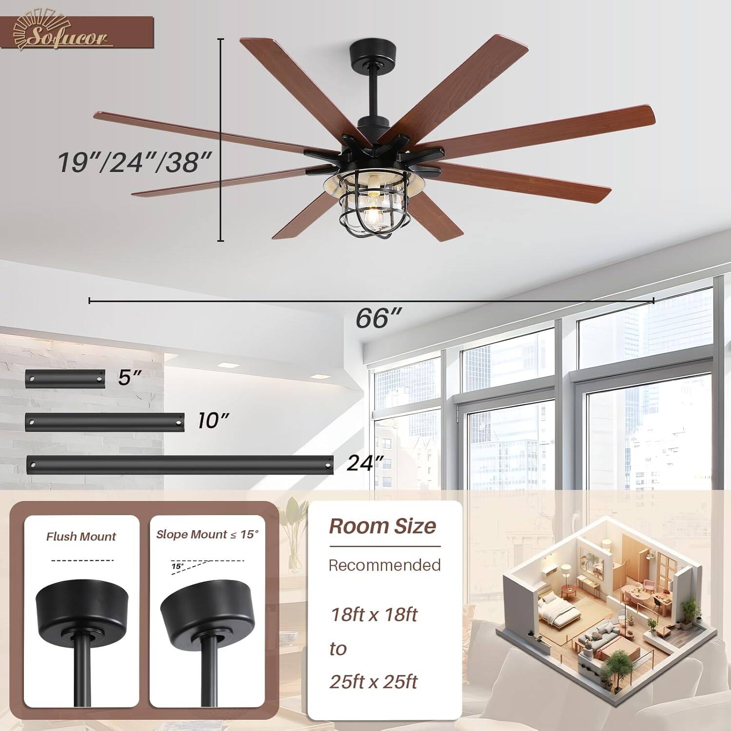 Sofucor

19"/24"/38"  
66"  
5"  
10"  
24"  

Flush Mount  
Slope Mount ≤ 15°  

Room Size  
Recommended  
18ft x 18ft to 25ft x 25ft