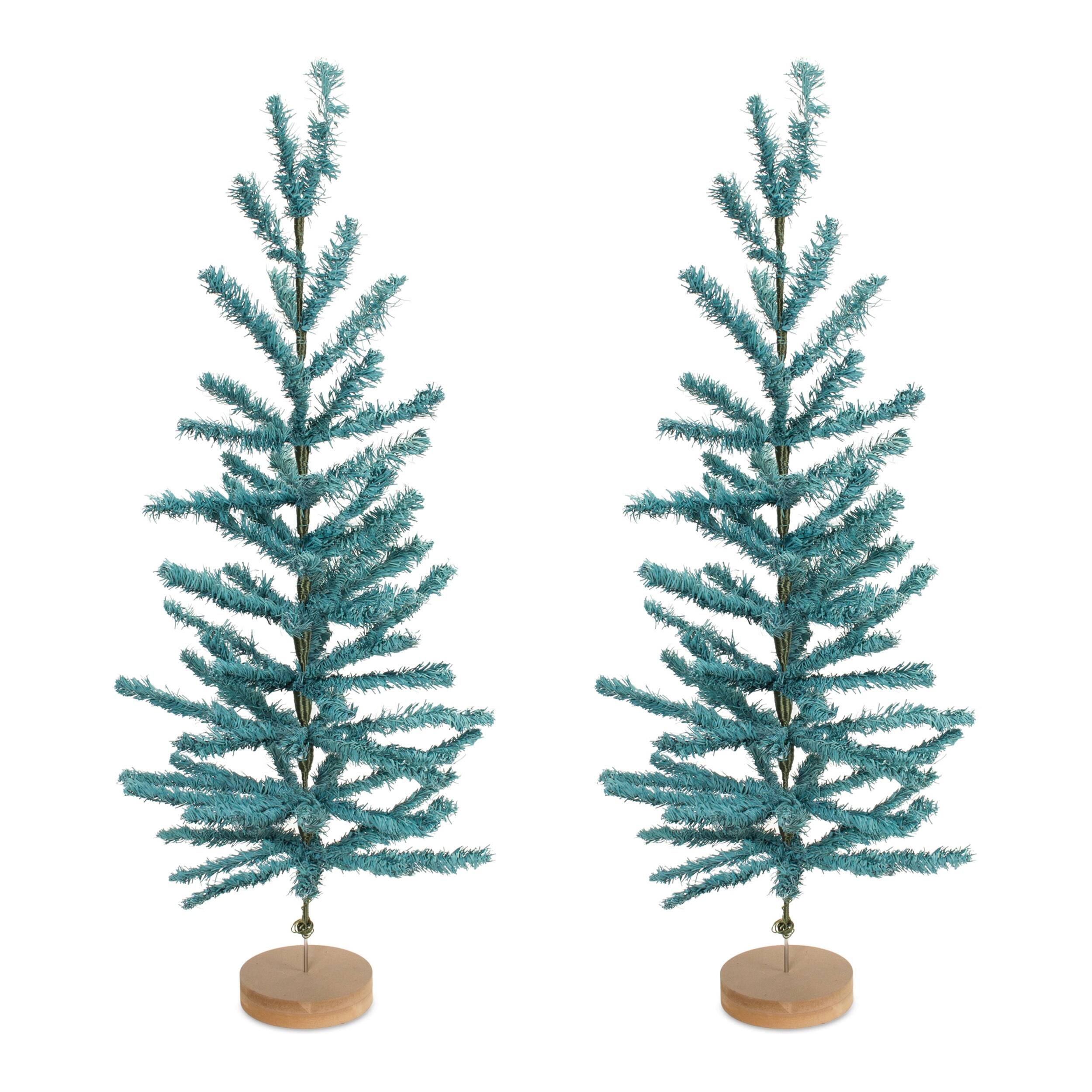 Angle. BreeBe - Turquoise Pine Tree with Wood Base (Set of 2) - Blue.