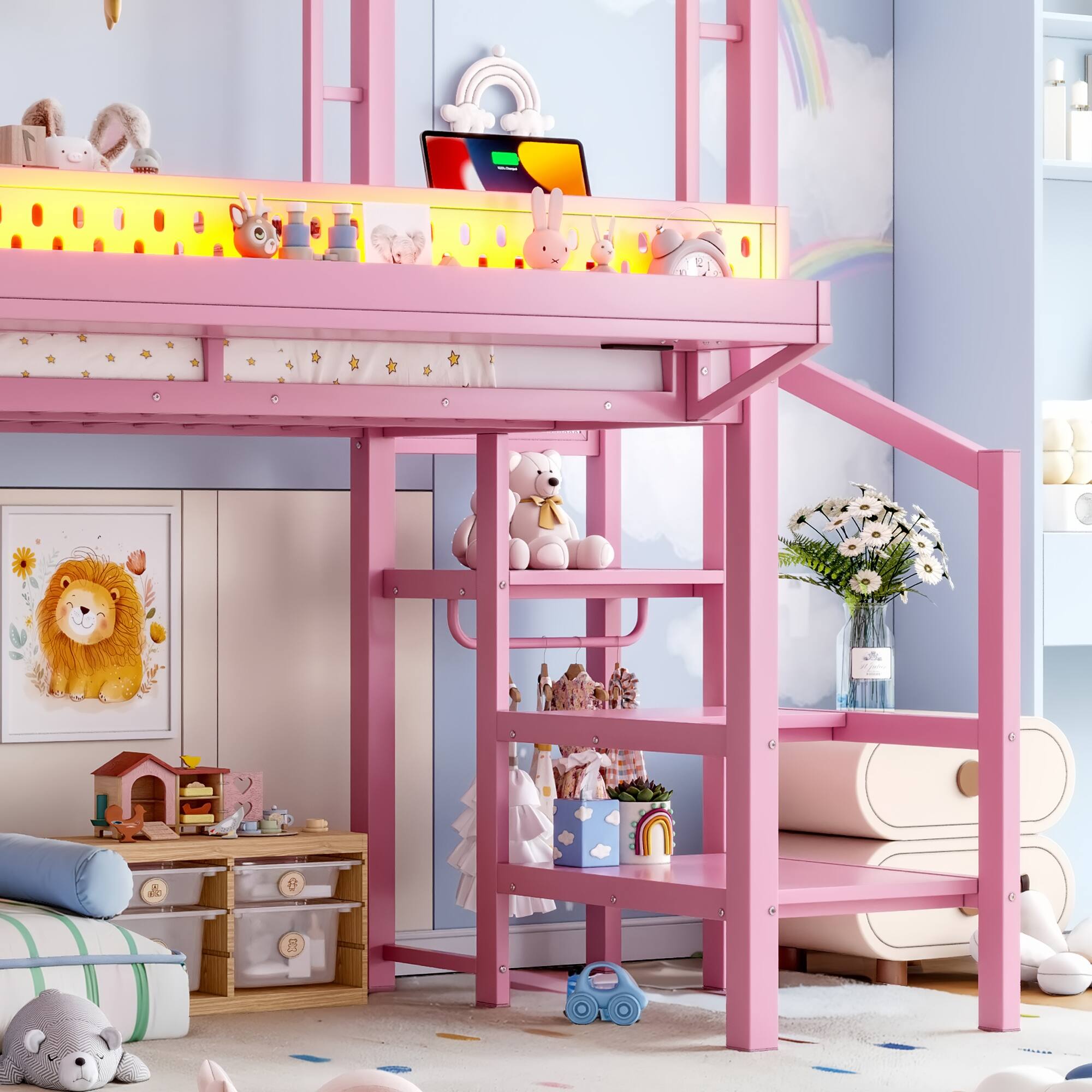 Alt View 2. Boyel Living - Twin Size Loft Bed with Storage Stairs Shelves and Built in Wardrobe Metal Loft Bed Frame - Pink.