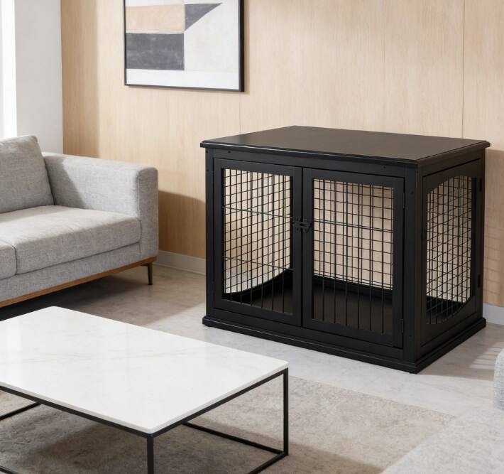 Alt View 4. Siljoy - Small Dog Crate Furniture, End Table Kennel with Two French Doors for Dogs up to 44 lbs, P2 MDF.