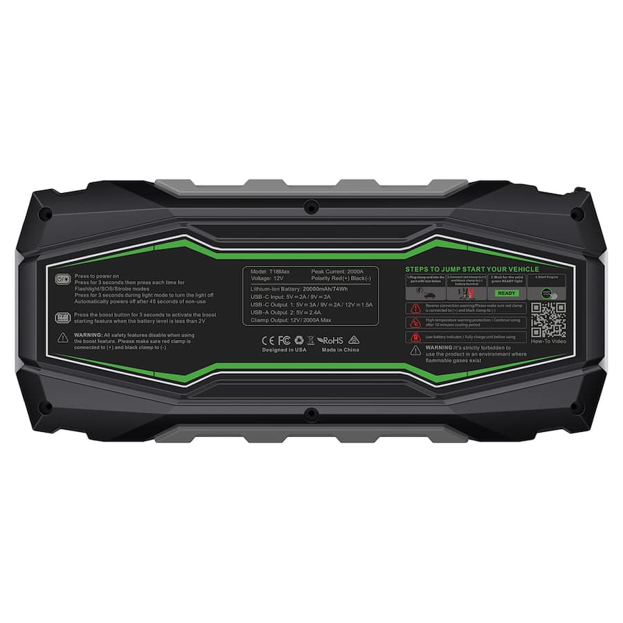 CAROSS T18 Max Portable Car Jump Starter 2000 Amp Peak, USB Power Bank ...