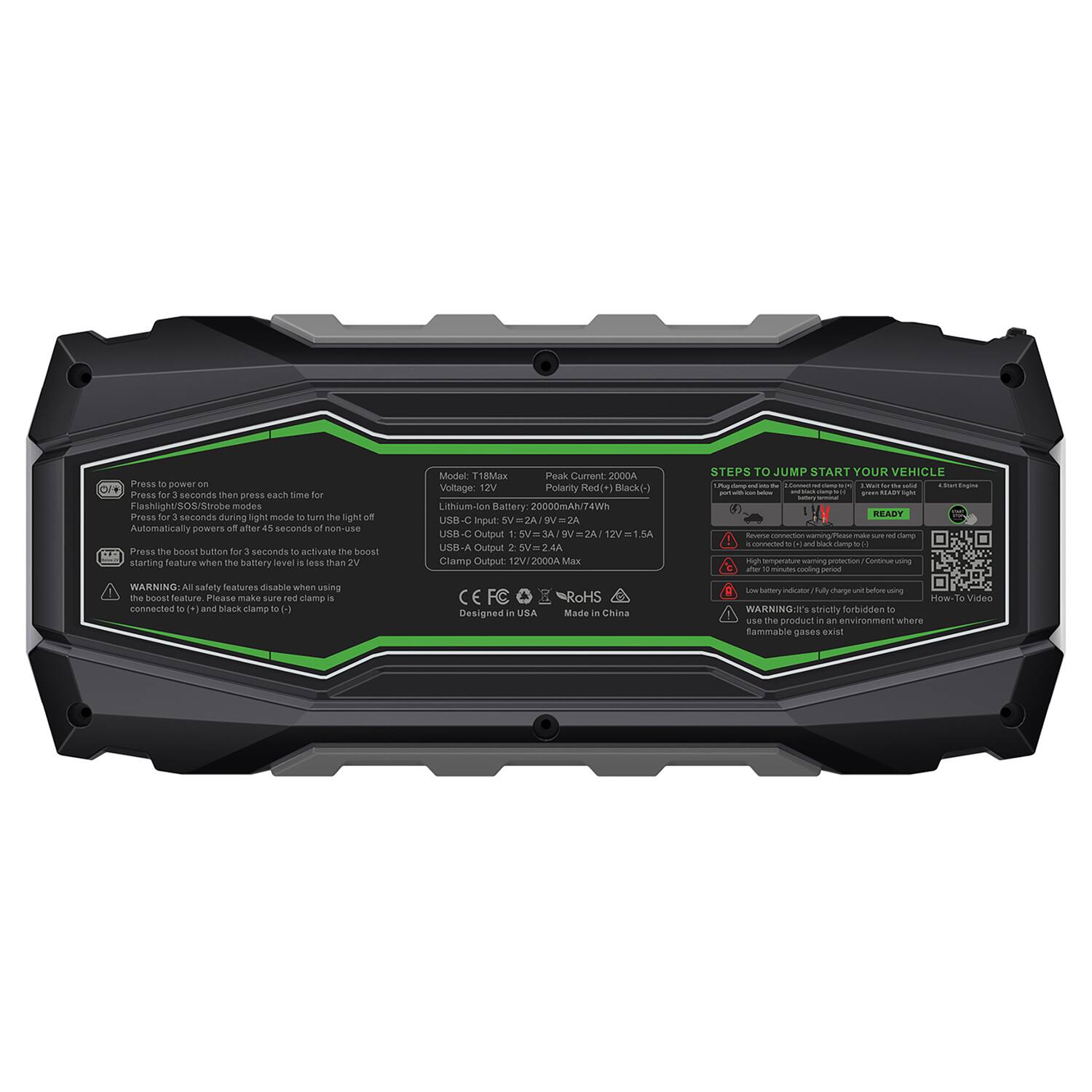 CAROSS T18 Max Portable Car Jump Starter 2000 Amp Peak, USB Power Bank ...