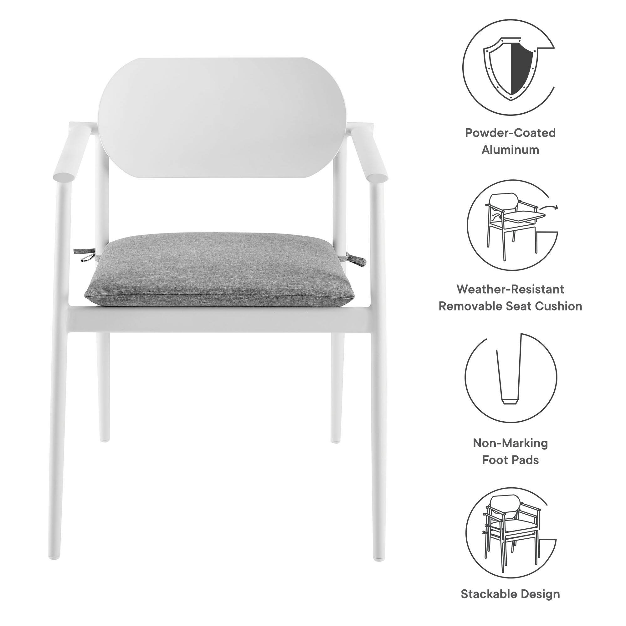 - Powder-Coated Aluminum
- Weather-Resistant Removable Seat Cushion
- Non-Marking Foot Pads
- Stackable Design