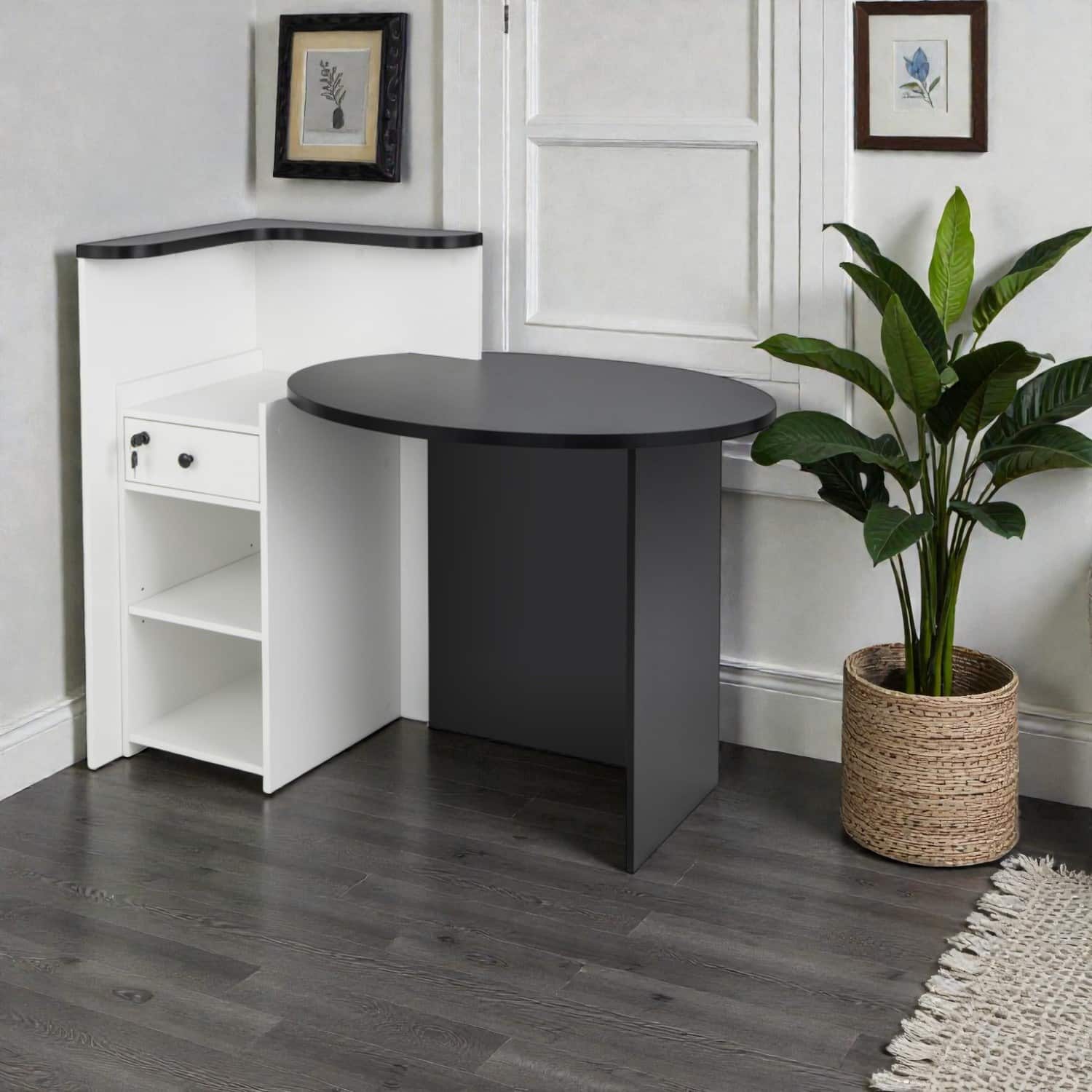 Hivvago - Office Front Desk with Accessible Shelves and Lockable Storage Compartment - Black & White