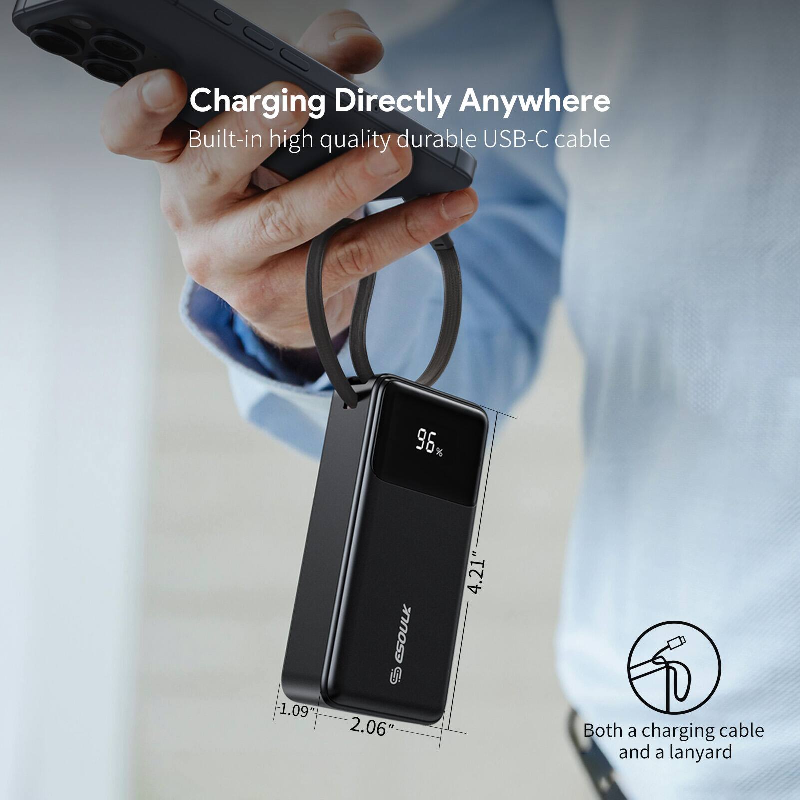 Charging Directly Anywhere, Built-in high quality durable USB-C cable, 96%, 1.09", 2.06", 4.21", Both a charging cable and a lanyard