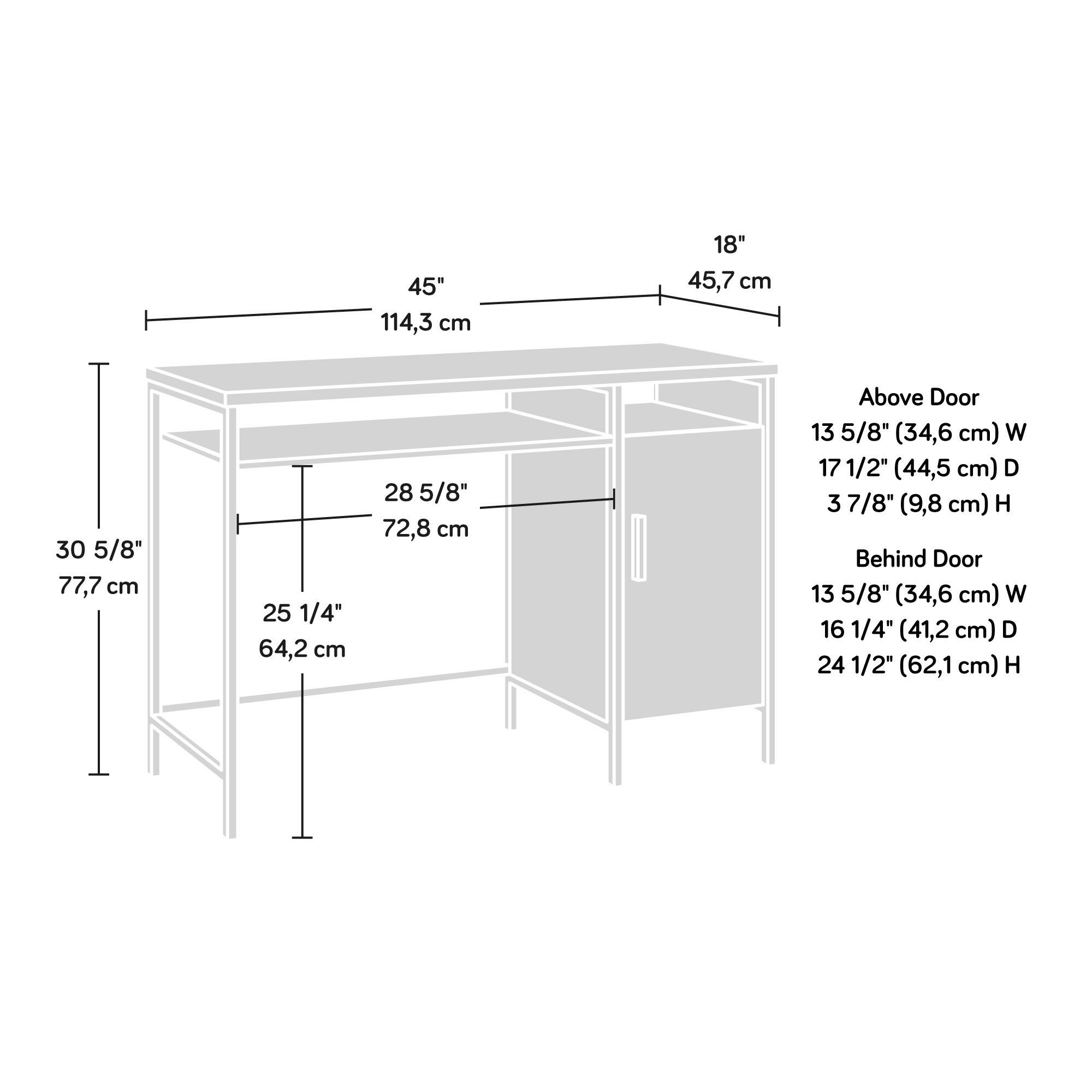 - 45" (114,3 cm)
- 18" (45,7 cm)
- 30 5/8" (77,7 cm)
- 25 1/4" (64,2 cm)
- 28 5/8" (72,8 cm)

Above Door:
- 13 5/8" (34,6 cm) W
- 17 1/2" (44,5 cm) D
- 3 7/8" (9,8 cm) H

Behind Door:
- 13 5/8" (34,6 cm) W
- 16 1/4" (41,2 cm) D
- 24 1/2" (62,1 cm) H