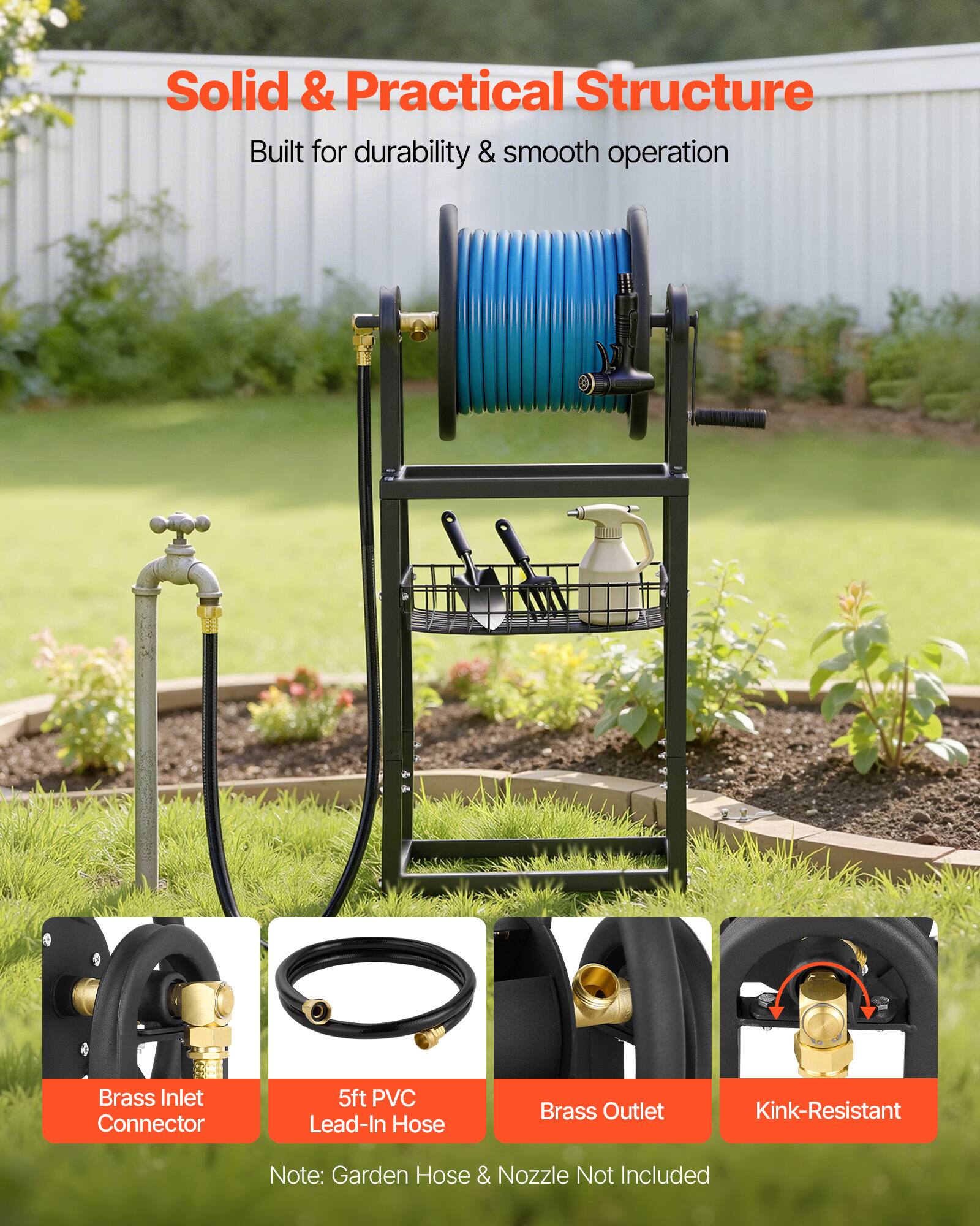 Solid & Practical Structure  
Built for durability & smooth operation  

Brass Inlet Connector  
5ft PVC Lead-In Hose  
Brass Outlet  
Kink-Resistant  

Note: Garden Hose & Nozzle Not Included