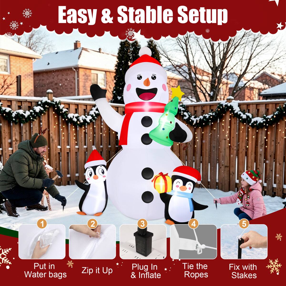 Easy & Stable Setup

1. Put in Water bags
2. Zip it Up
3. Plug In & Inflate
4. Tie the Ropes
5. Fix with Stakes