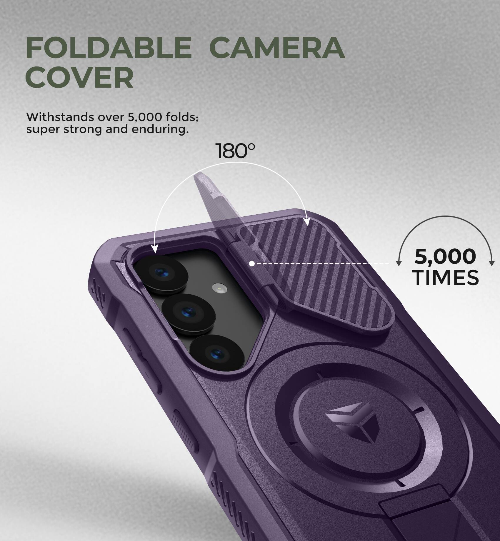 FOLDABLE CAMERA COVER
Withstands over 5,000 folds; super strong and enduring.
180°
5,000 TIMES