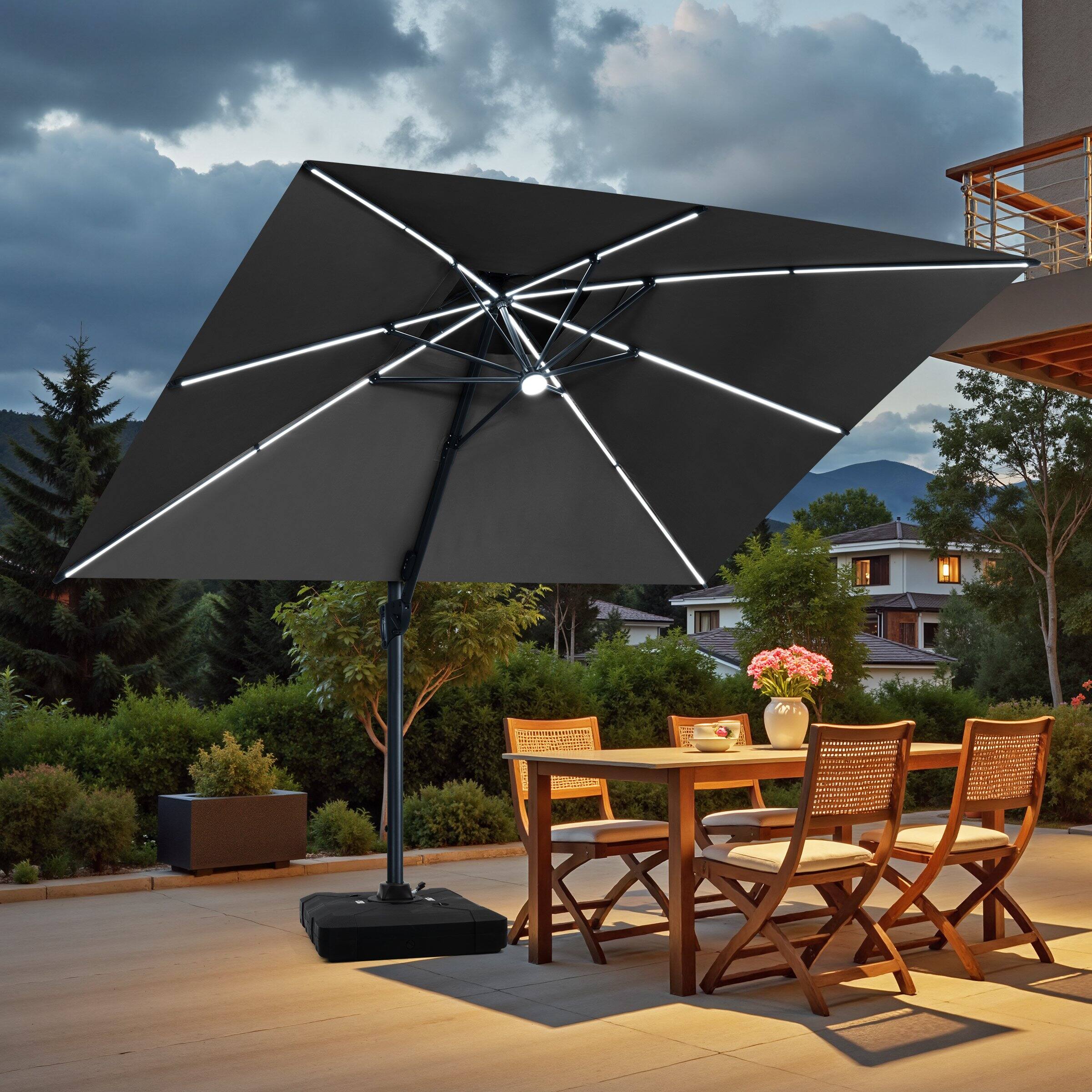 Back. Crestlive Products - Crestlive Products 13' Patio Offset Cantilever Umbrella 2-Tier Top With Solar-Lighted Strips 350lbs Wheel Base - black.