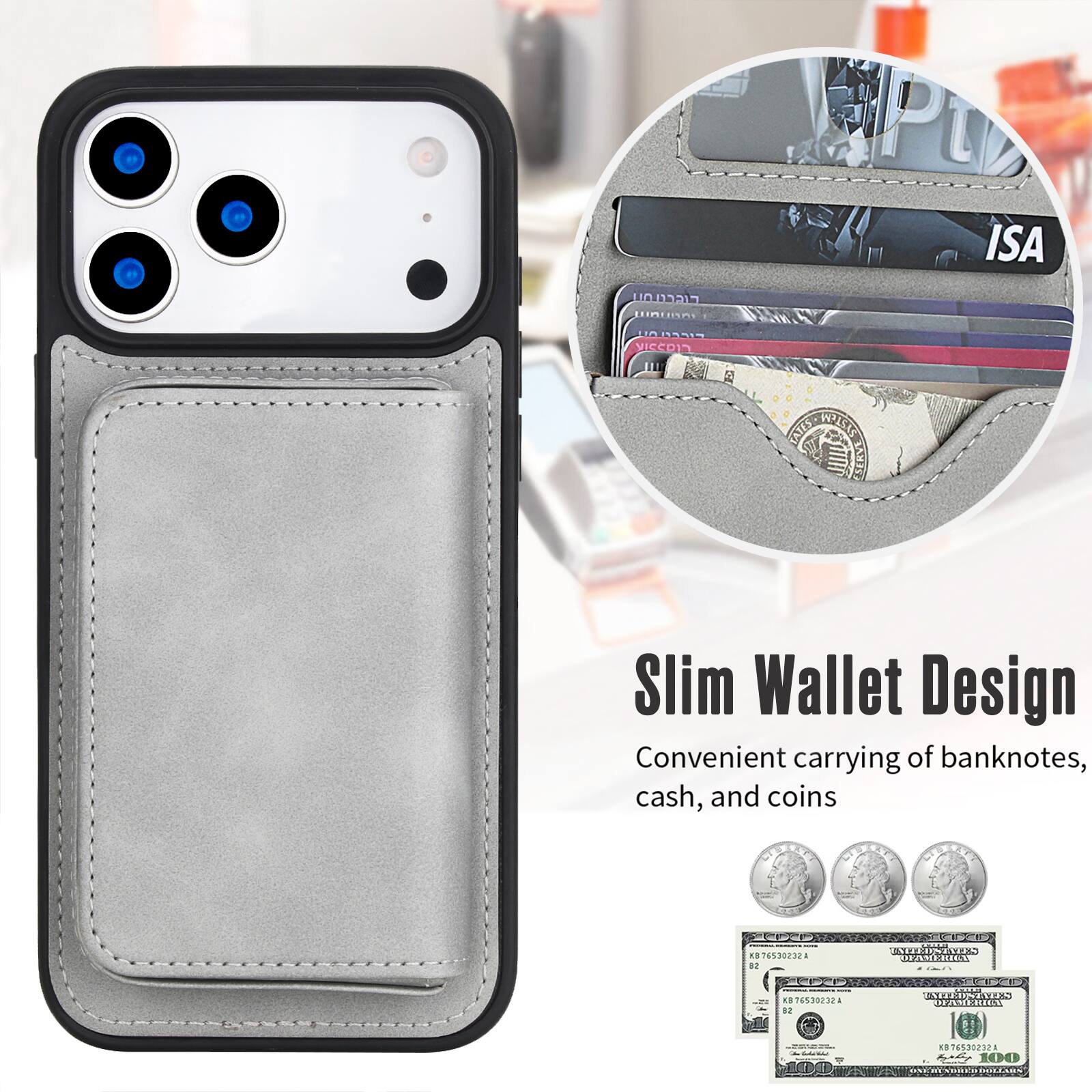 Slim Wallet Design  
Convenient carrying of banknotes, cash, and coins