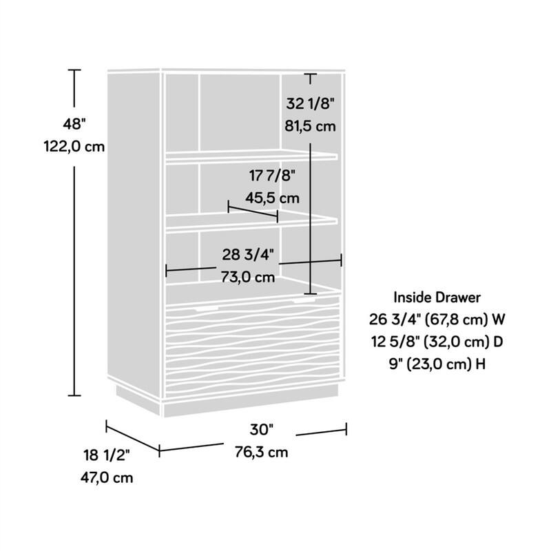 T 48" 122,0 cm  
T 32 1/8" 81,5 cm  
17 7/8" 45,5 cm  
28 3/4" 73,0 cm  
Inside Drawer  
26 3/4" (67,8 cm) W  
12 5/8" (32,0 cm) D  
9" (23,0 cm) H  
18 1/2" 47,0 cm  
30" 76,3 cm