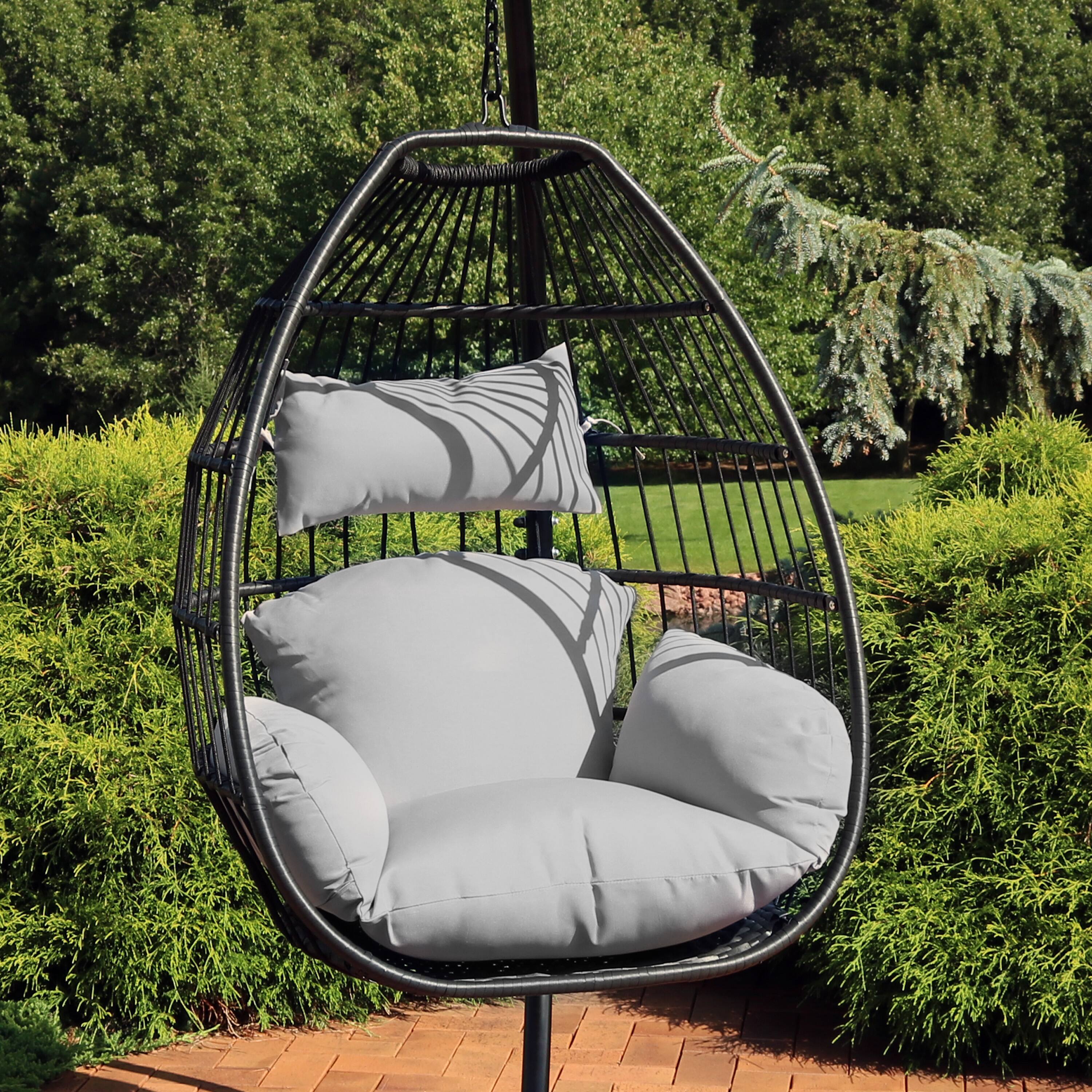 Alt View 2. Sunnydaze - Black Resin Wicker Hanging Egg Chair with Cushions - Grey.