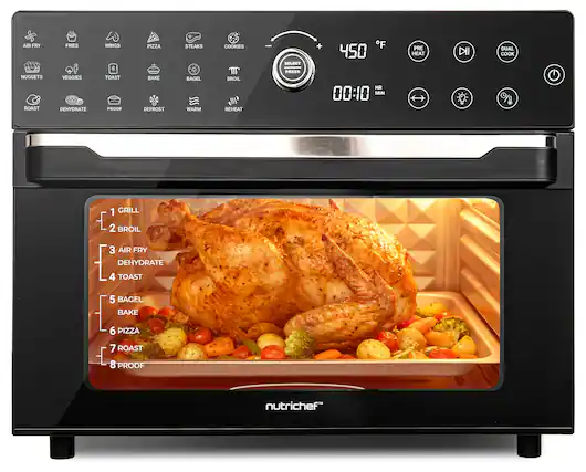 AIR FRY
NUGGETS
ROAST
FRIES
VEGGIES
DEHYDRATE
WINGS
TOAST
PROOF
PIZZA
RAKE
DEFROST
STEAKS
BAGEL
WARM
COOKIES
BROIL
REHEAT
450 °F
00:10 MIN
1 GRILL
2 BROIL
3 AIR FRY
DEHYDRATE
4 TOAST
5 BAGEL
BAKE
6 PIZZA
7 ROAST
8 PROOF
nutrichef