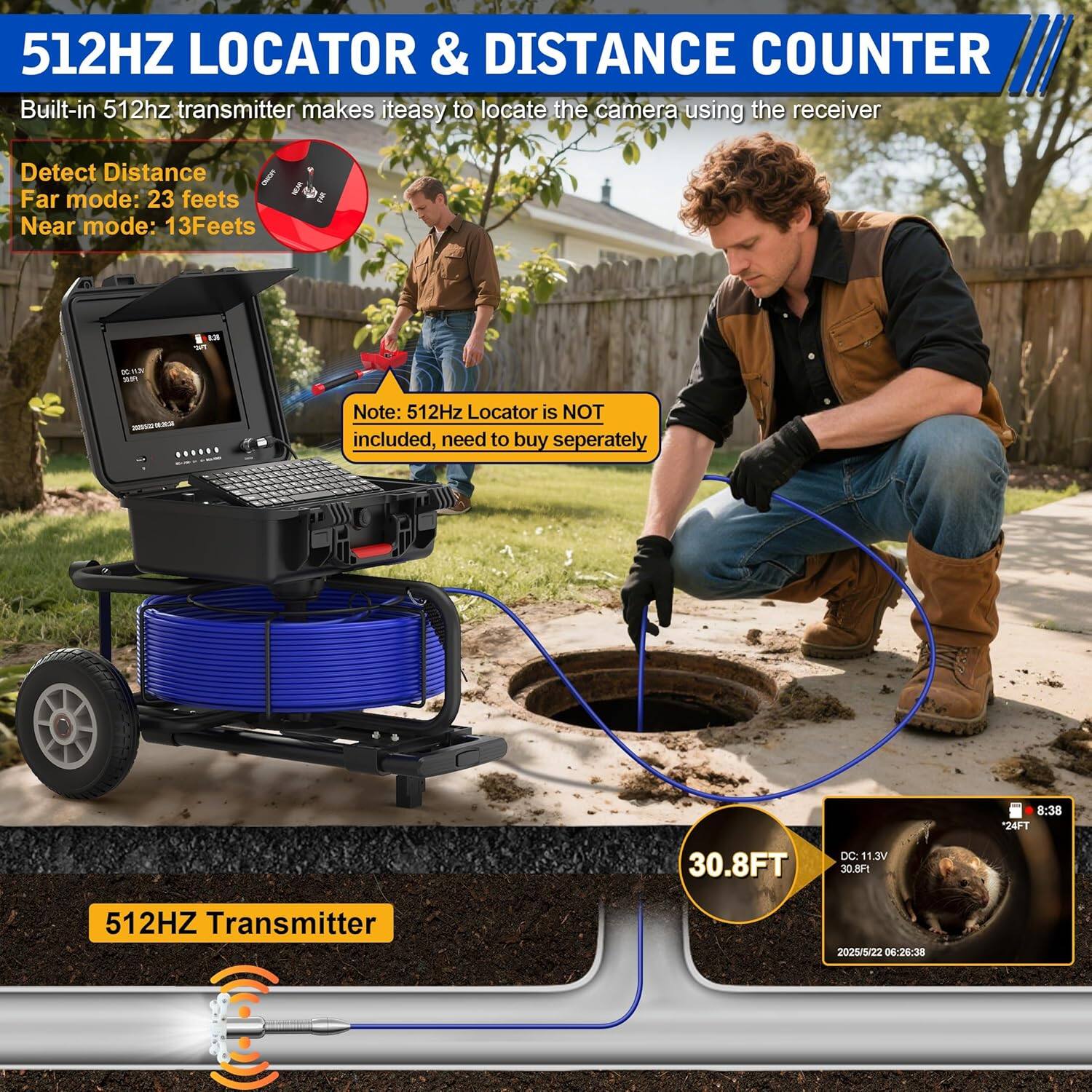 Alt View 2. Aukfa - Sewer Camera - 10" HD Borescope, Self-Leveling, IP68, 200Ft 7MM Cable, DVR, 5X Zoom, 32GB.