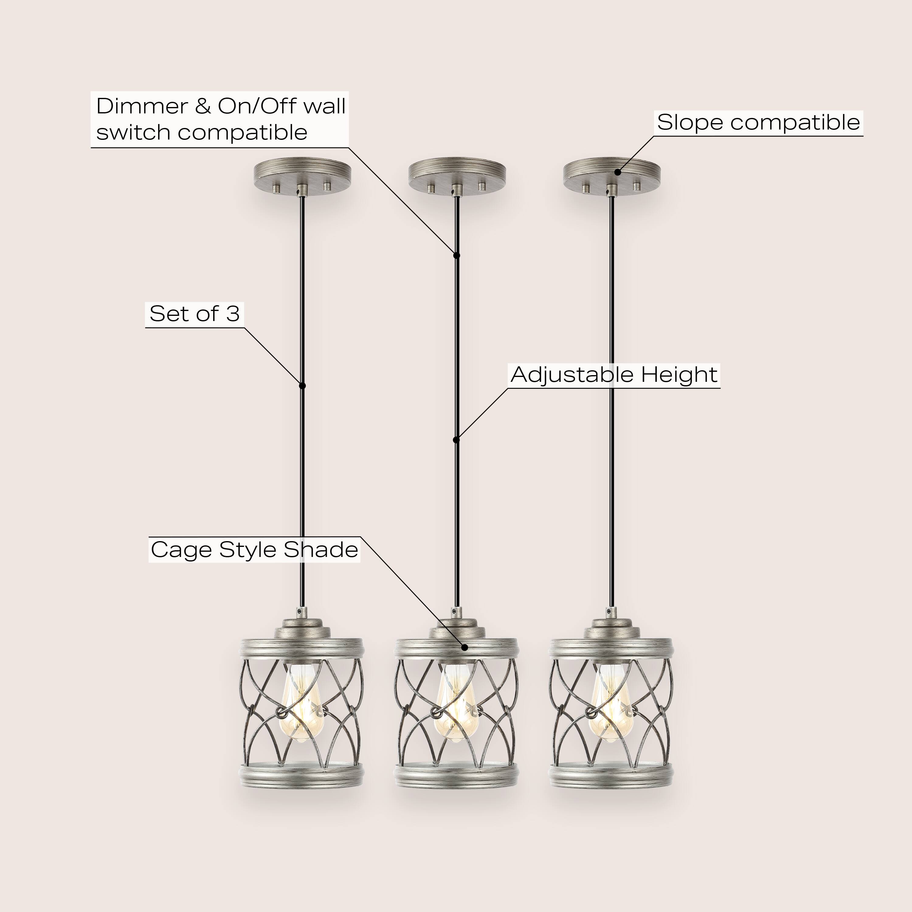 Dimmer & On/Off wall switch compatible  
Slope compatible  
Set of 3  
Adjustable Height  
Cage Style Shade