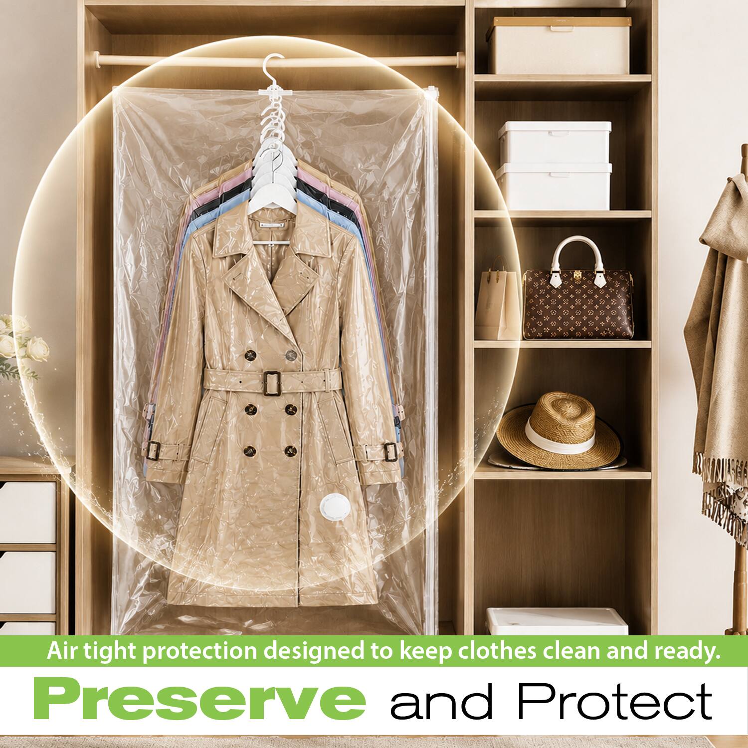 Air tight protection designed to keep clothes clean and ready.  
Preserve and Protect