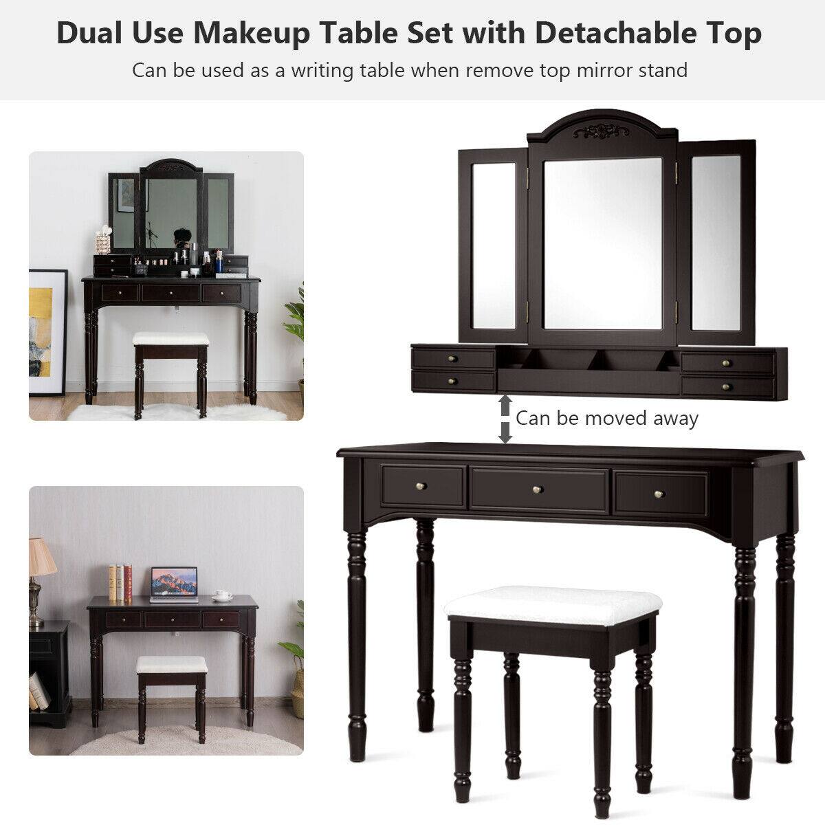 Dual Use Makeup Table Set with Detachable Top  
Can be used as a writing table when remove top mirror stand  
Can be moved away