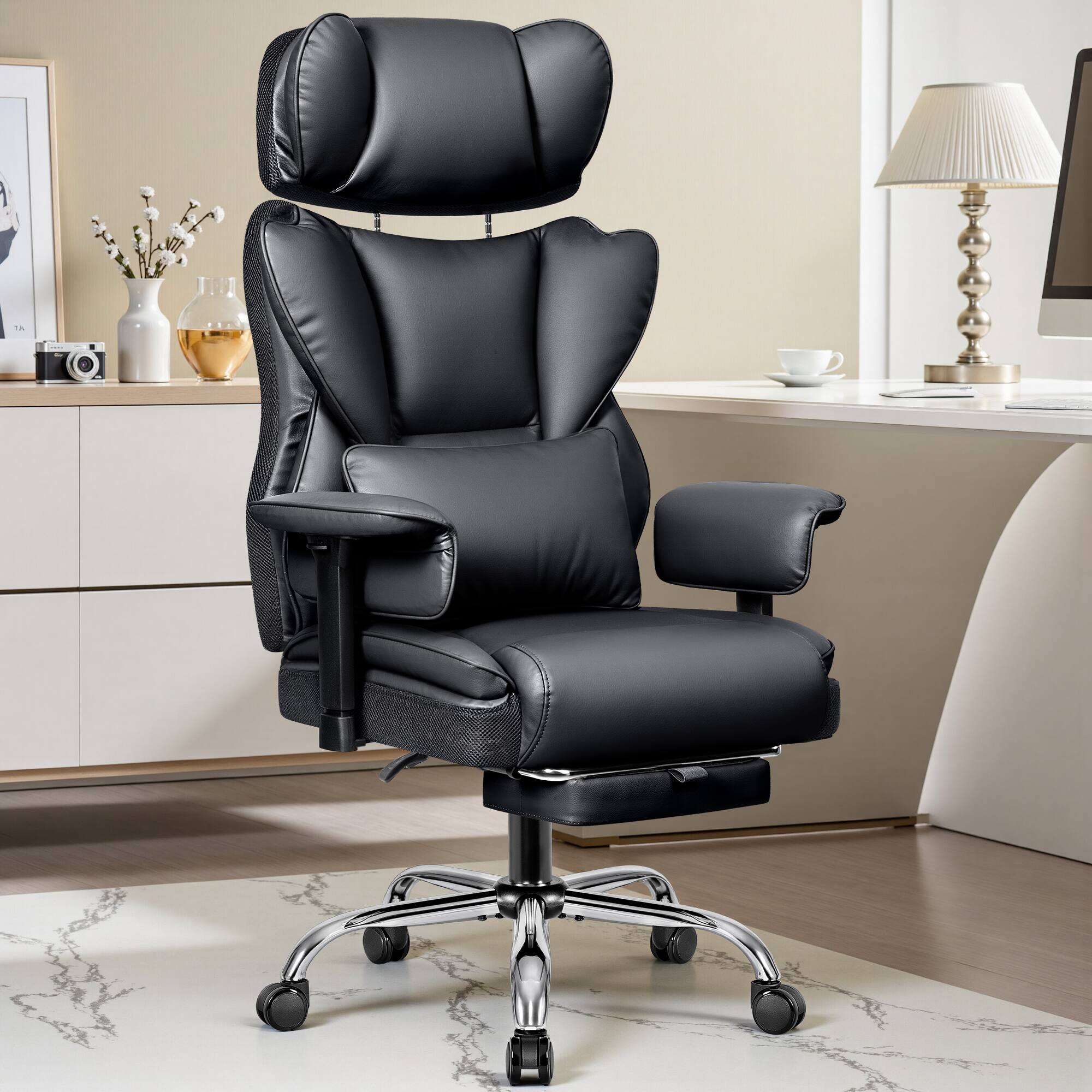 Alt View 4. KERDOM - Ergonomic Executive Chair with Footrest, Lifting Armrest & Headrest Adjustable, Home Office Reclining PU Leather Chair - Black.
