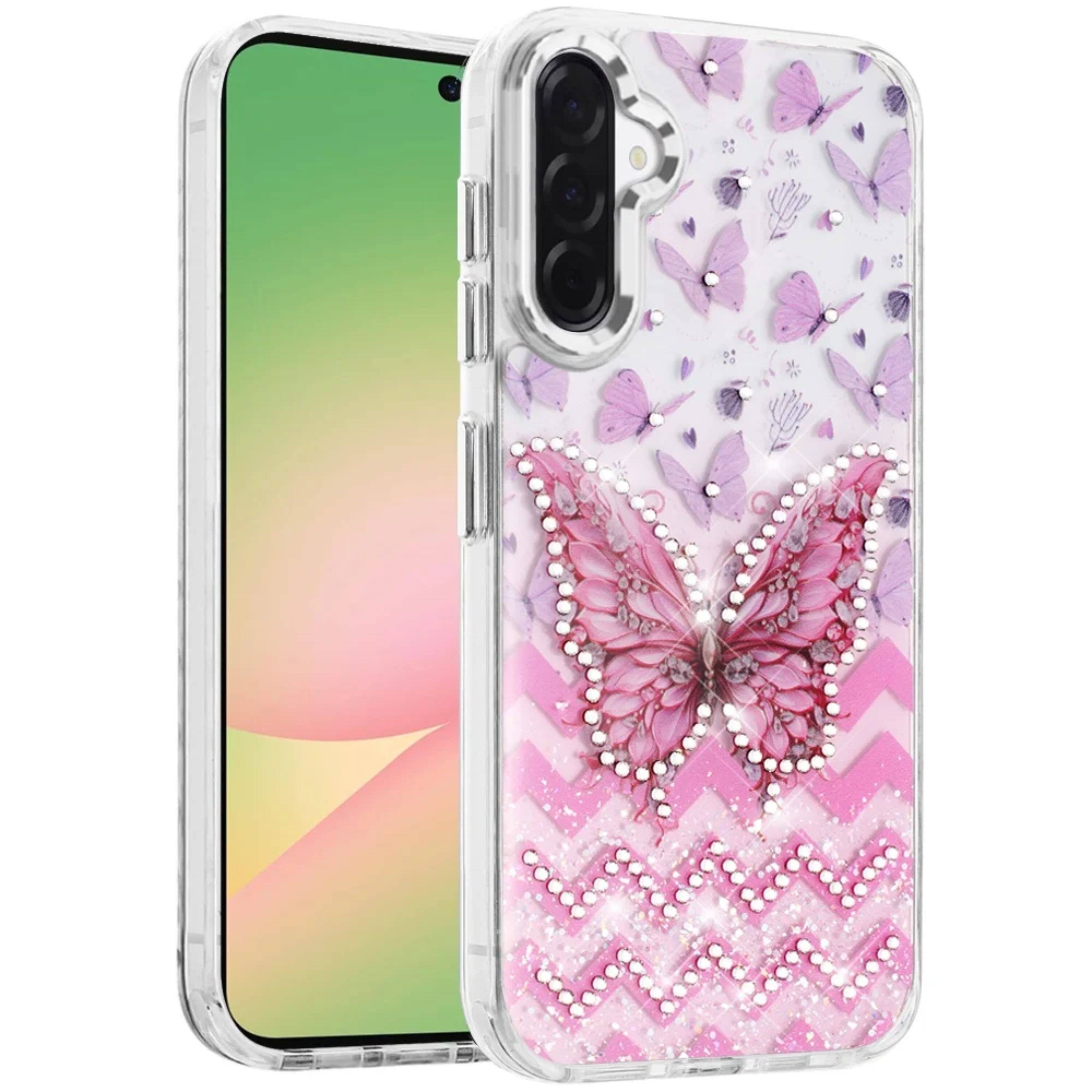 Angle. Kitcheniva - Colorful Butterfly Epoxy Design Plastic Jewels Phone Case With Tempered Glass For Samsung Galaxy A57 5G Purple - Purple.
