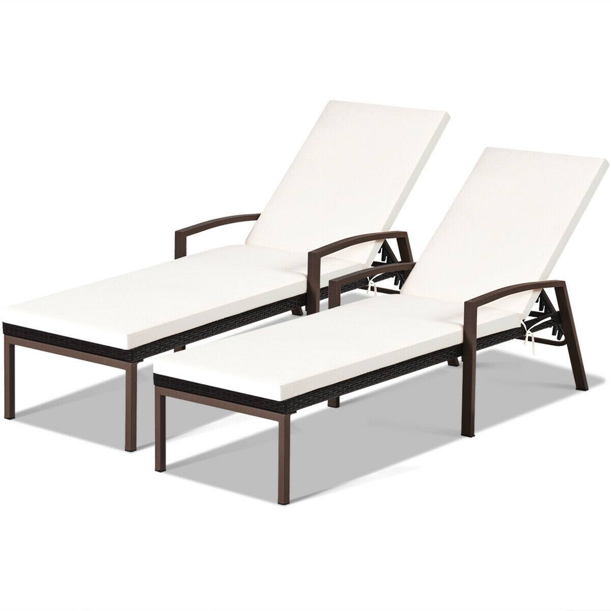 Left. Costway - 2PCS Patio Rattan Lounge Chair Chaise Recliner Back Adjustable Cushioned Garden - White.