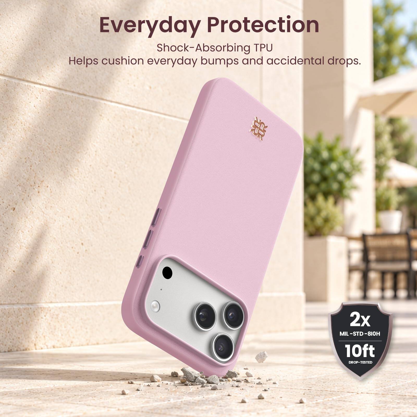 Everyday Protection  
Shock-Absorbing TPU  
Helps cushion everyday bumps and accidental drops.  

2x MIL-STD-810H 10ft DROP-TESTED