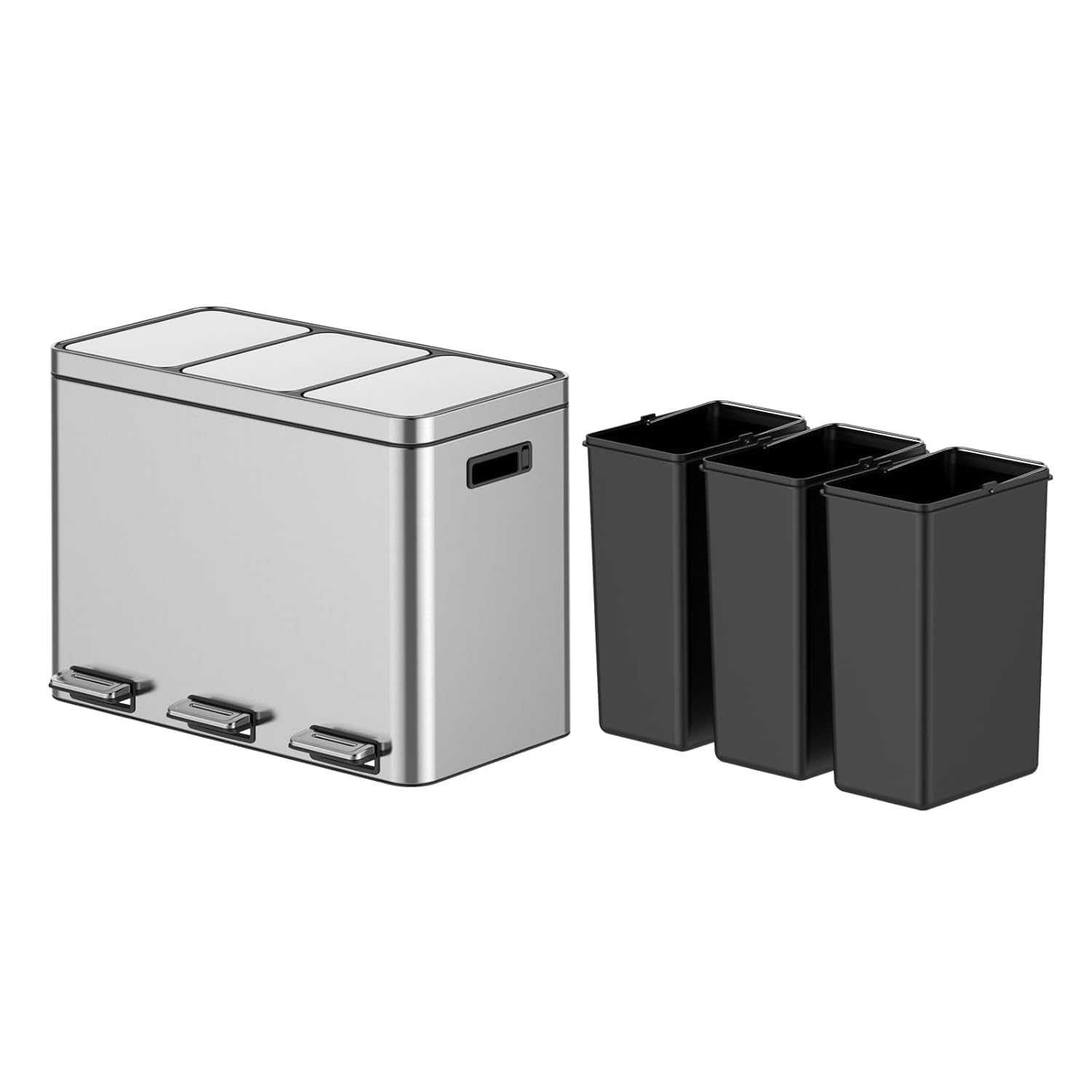 Left. Homhougo - 3 Compartments Trash Can, 3 x 4 Gal (3 x 15L) Stainless Steel Trash Can with Recycling Bin, Soft-Close Lid - Silver.