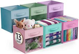 Sorbus - 13 Inch Storage Bins with Clear Window and Handle, 6 Foldable Baskets for Organizing Clothes,Toys, Books, Figures - Pastel Combo