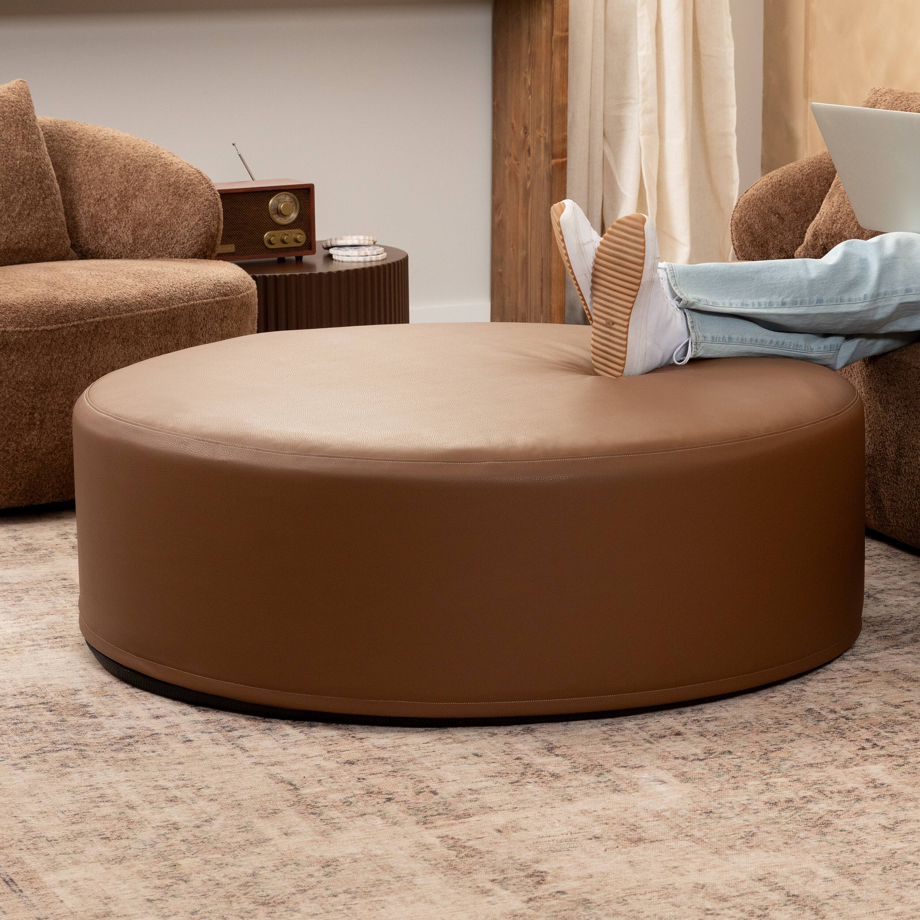Angle. Jaxx - Jaxx Candler Round Couch Oversized Giant Coffee Table Ottoman 44”, Walnut - Faux Leather Walnut.