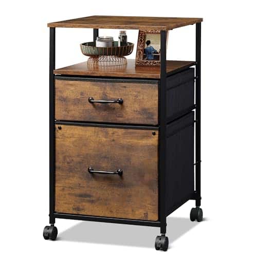 Hirose Alice - 2 Drawer Mobile File Cabinet Rolling Printer Stand With Open Storage Shelf Fabric Vertical Filing Fits A4 Or Letter - Rustic Brown Wood Grain Print