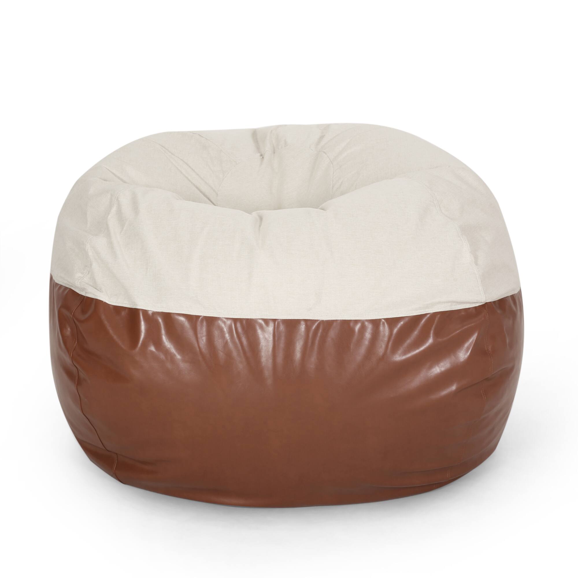 Front. GOODSILO - Large Round Bean Bag Chair with Dual-Tone Fabric and Faux Leather Upholstery for Ultimate Comfort and Style - Brown+Beige.