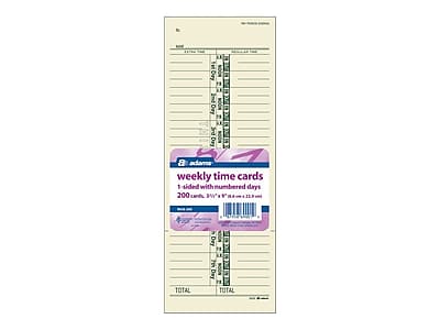 Weekly Time Cards  
1-sided with numbered days  
200 cards, 8½" x 11"  
TOTAL  
TOTAL
