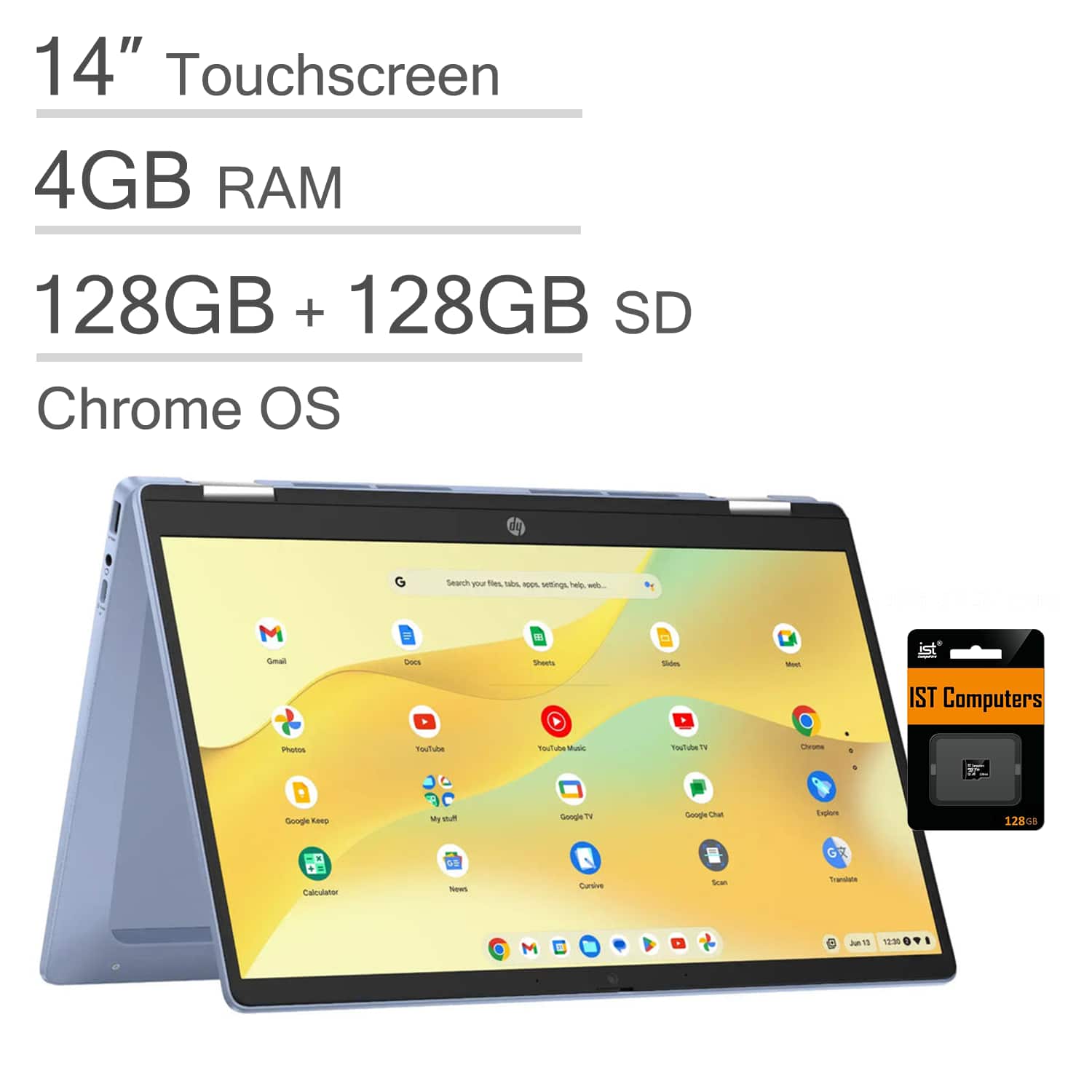 HP - 14" Convertible 2-in-1 Chromebook - Intel N200 - 4GB RAM - 256GB Storage(128GB+128GB SD) - (14b-cd0046tg) touchsreen - Blue