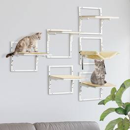 Siljoy - 6-Piece Modern Cat Wall Shelves Set with Hammock, Cream Colored Height-Adjustable Jumping Platforms & Perches