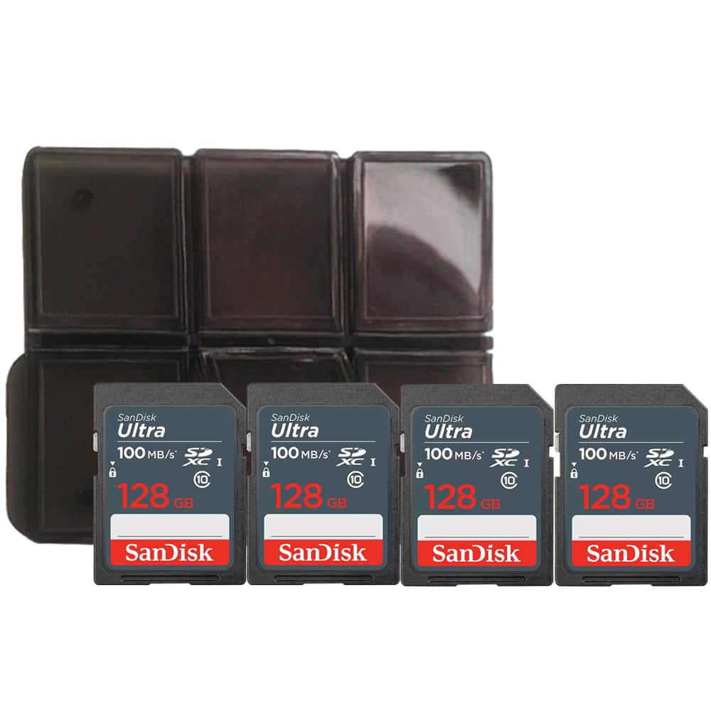 4x Sandisk Ultra 128 GB SDXC UHS I Memory Card 100 MBs with Memory Card Holder
