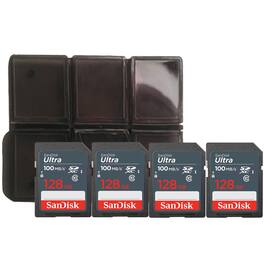4x Sandisk Ultra 128 GB SDXC UHS I Memory Card 100 MBs with Memory Card Holder