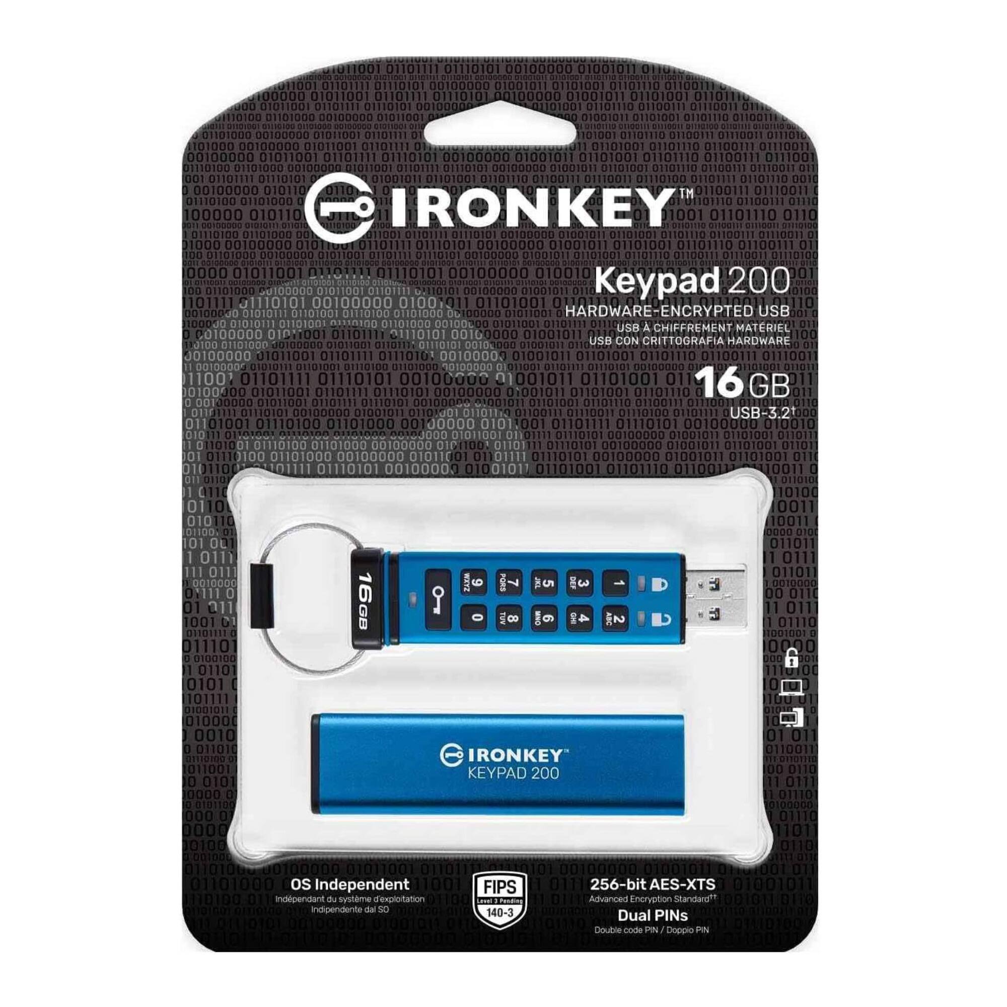 IRONKEY  
Keypad 200  
HARDWARE-ENCRYPTED USB  
USB A CHIFFREMENT MATERIEL  
USB CON CRIPTOGRAFIA HARDWARE  
16 GB  
USB 3.2  

OS Independent  
FIPS 140-2  
256-bit AES-XTS  
Advanced Encryption Standard  
Dual Pins  
Double code PIN / Double PIN