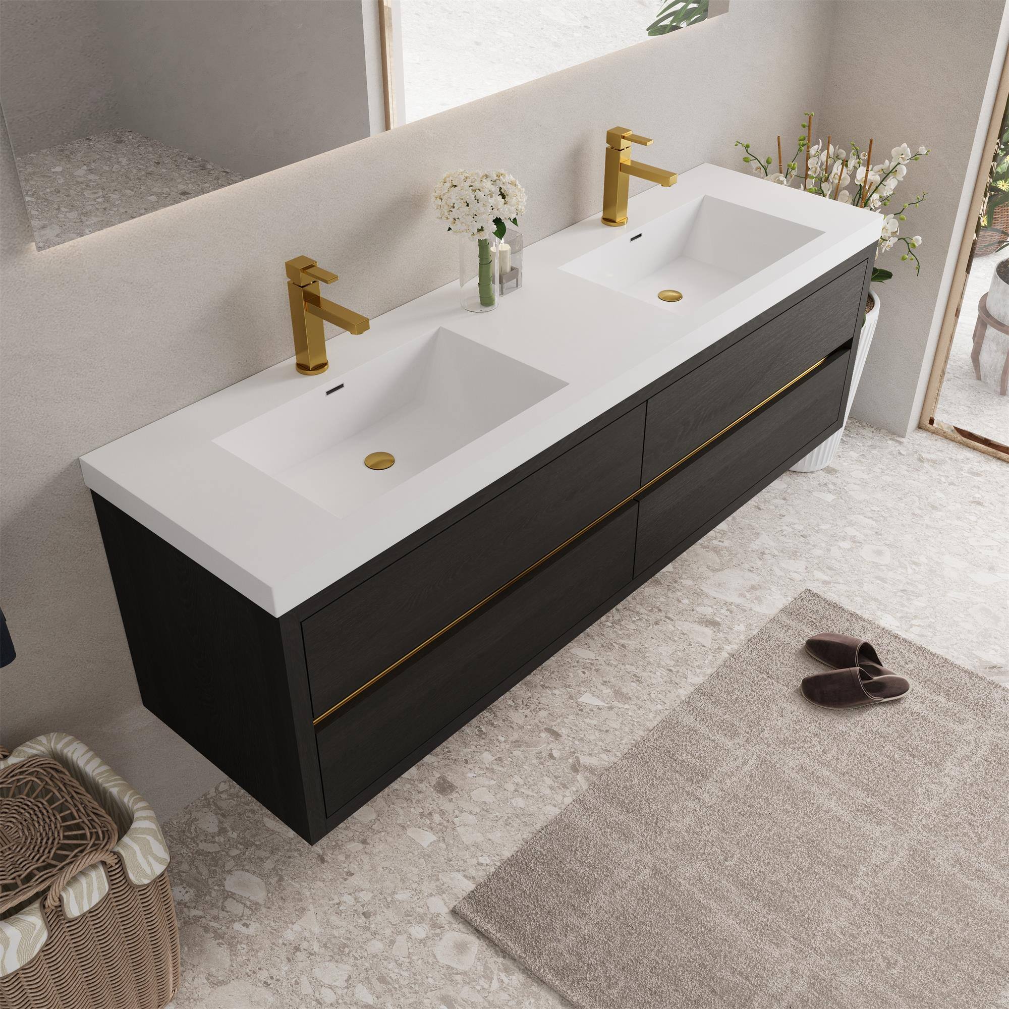 Alt View 2. Boyel Living - 72In Wall-Mounted Bathroom Vanity Double Sinks Espresso Stone Resin Countertop Soft Close Drawers - Espresso.