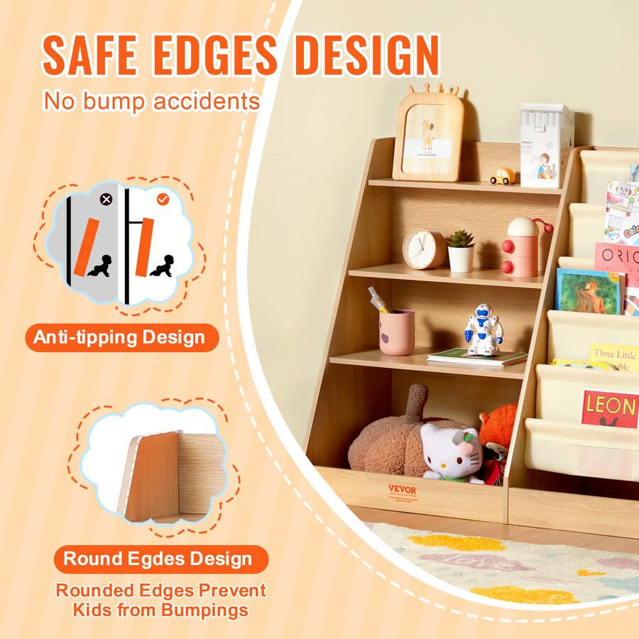 Sytorage Rack Layout VEVOR 4 Tier Kids Wooden Bookshelf, Six Layer Sling Bookcase, Baby ...