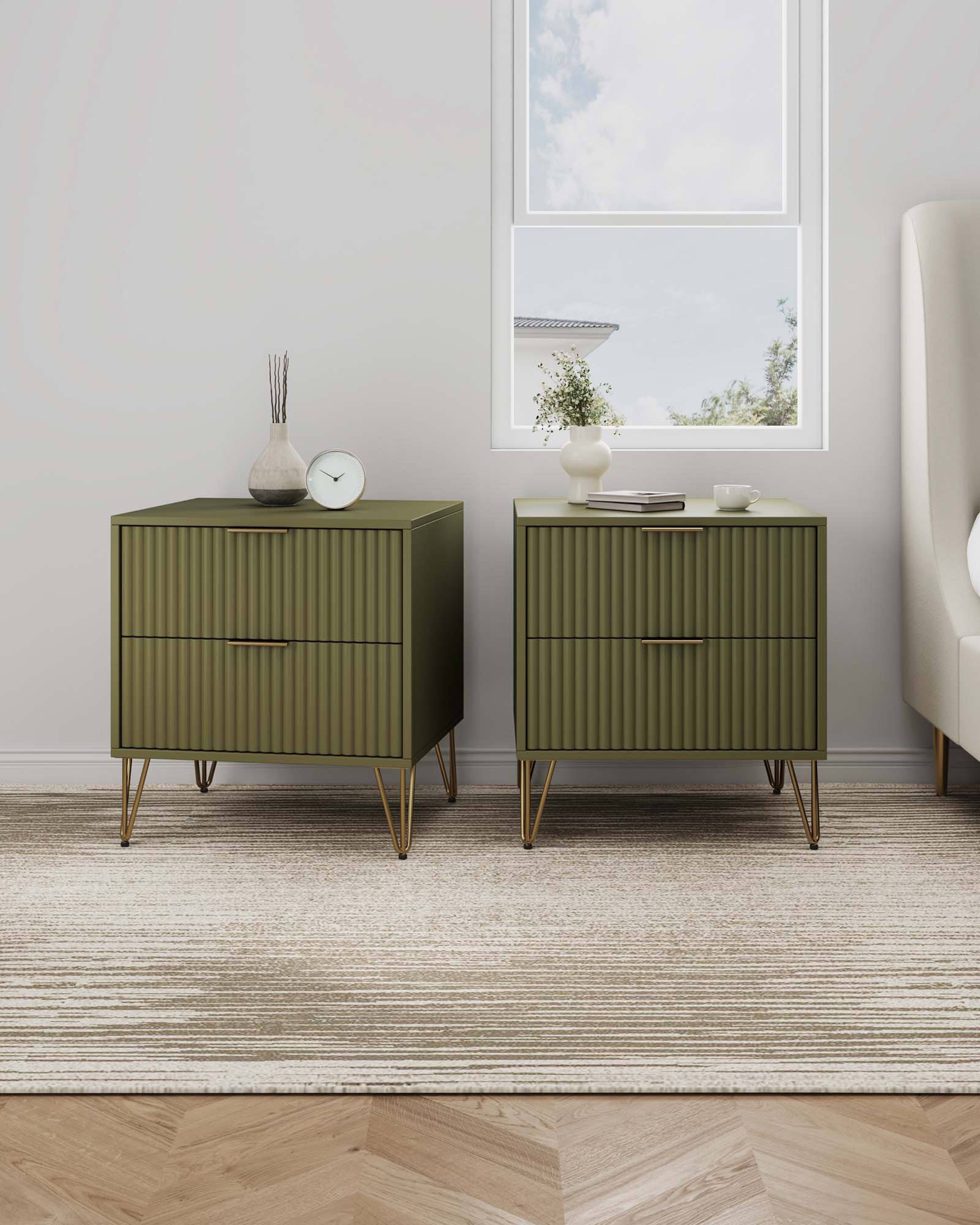 Angle. Manhattan Comfort - Dumbo Modern 20" Fluted Nightstand - Set of 2 - Olive Green.