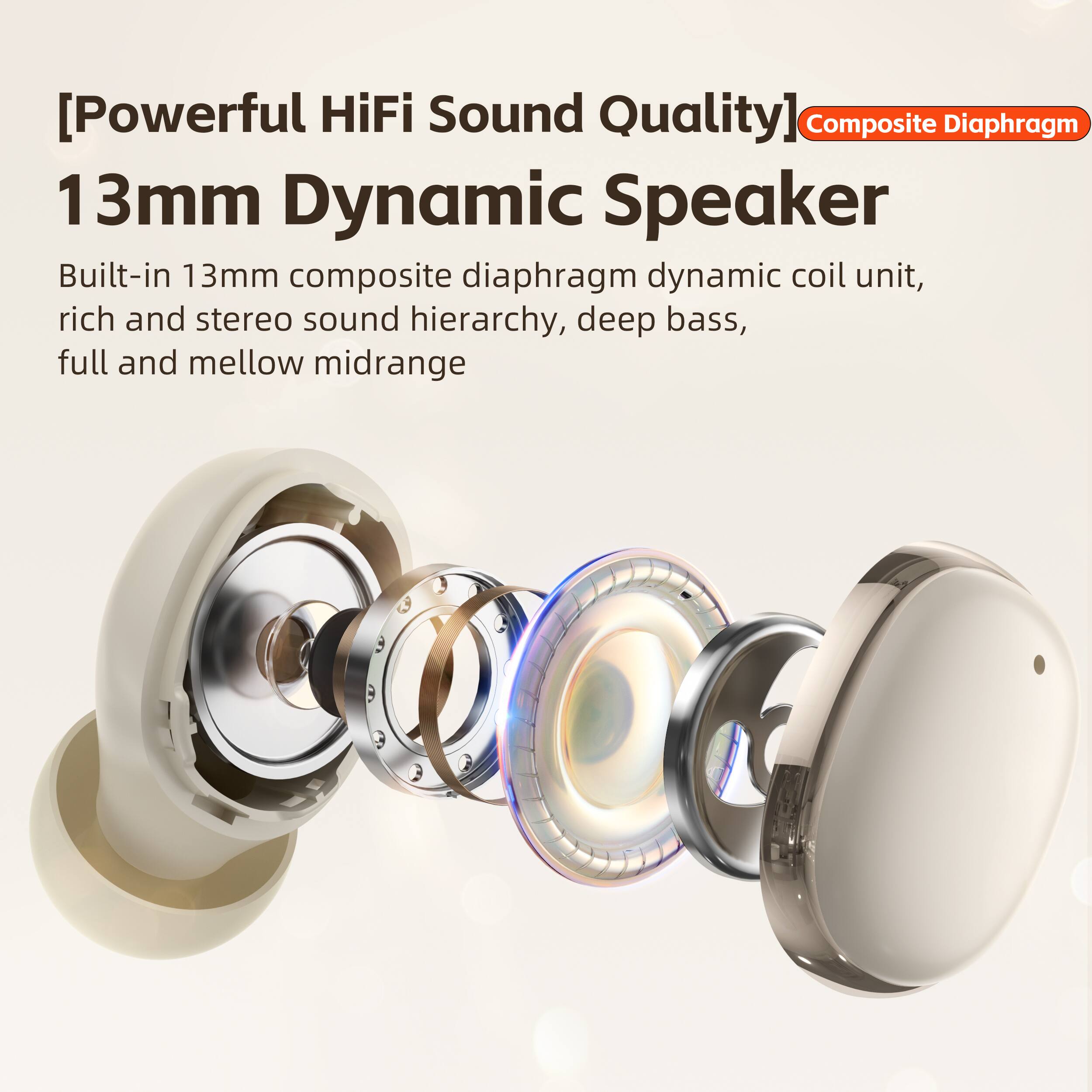 [Powerful HiFi Sound Quality] Composite Diaphragm  
13mm Dynamic Speaker  

Built-in 13mm composite diaphragm dynamic coil unit, rich and stereo sound hierarchy, deep bass, full and mellow midrange