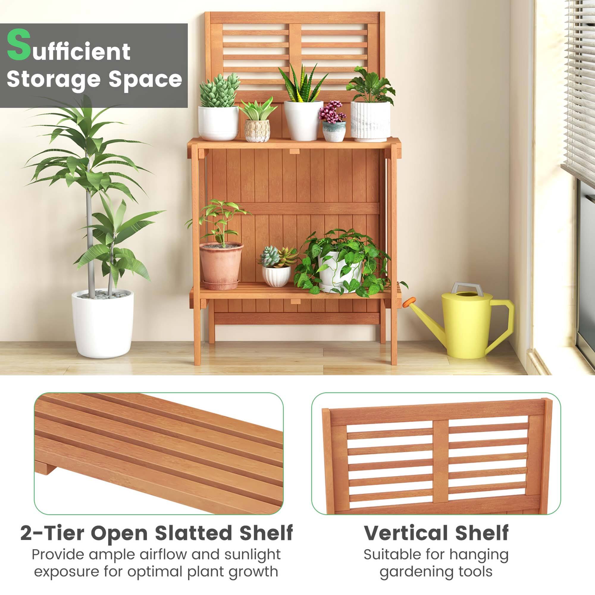 Sufficient Storage Space: This image showcases a storage shelf with a variety of potted plants and gardening tools. The shelf is designed to provide ample airflow and sunlight exposure for optimal plant growth. Additionally, the vertical shelf is suitable for hanging gardening tools, making it a practical and space-saving solution for organizing and storing gardening essentials.