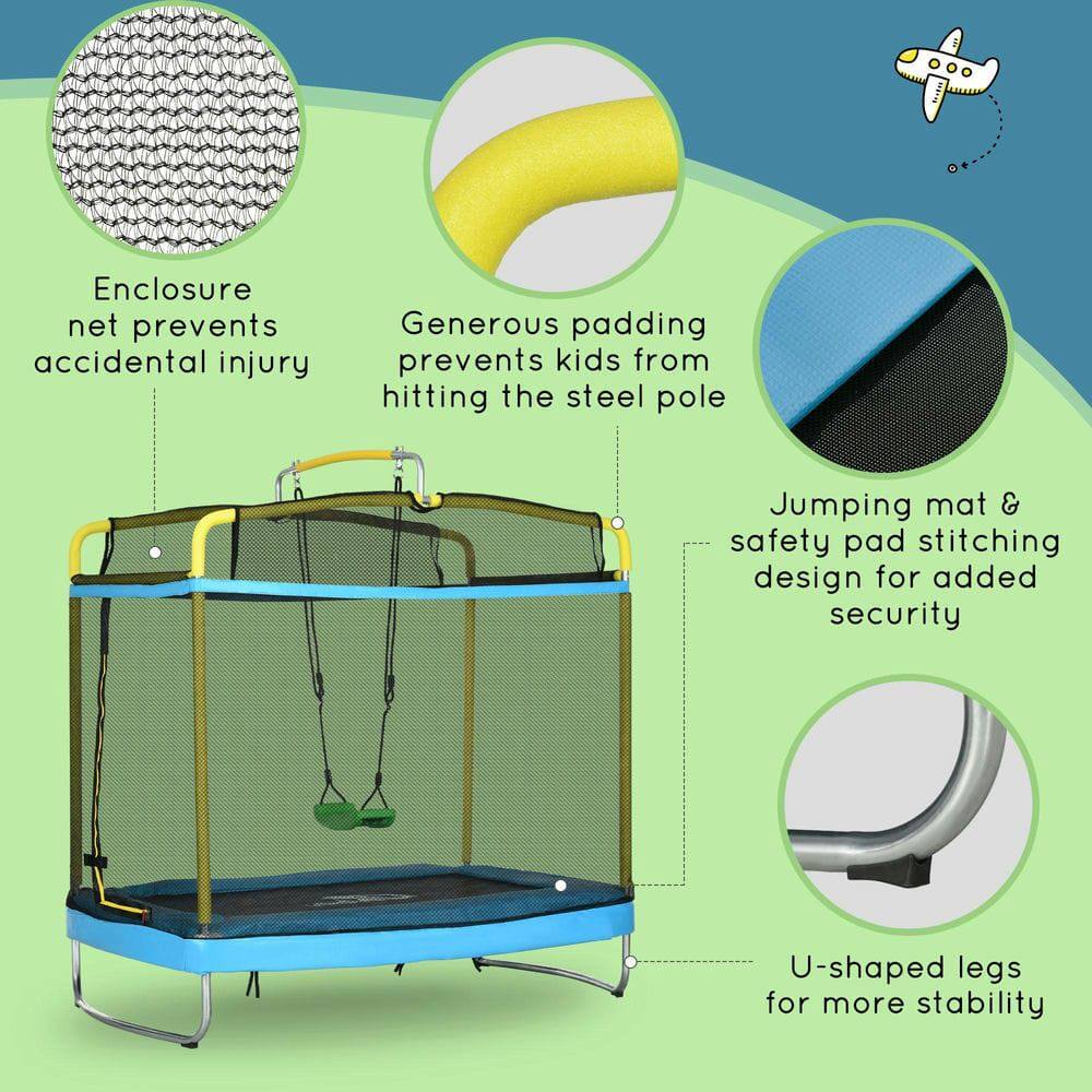 - Enclosure net prevents accidental injury
- Generous padding prevents kids from hitting the steel pole
- Jumping mat & safety pad stitching design for added security
- U-shaped legs for more stability