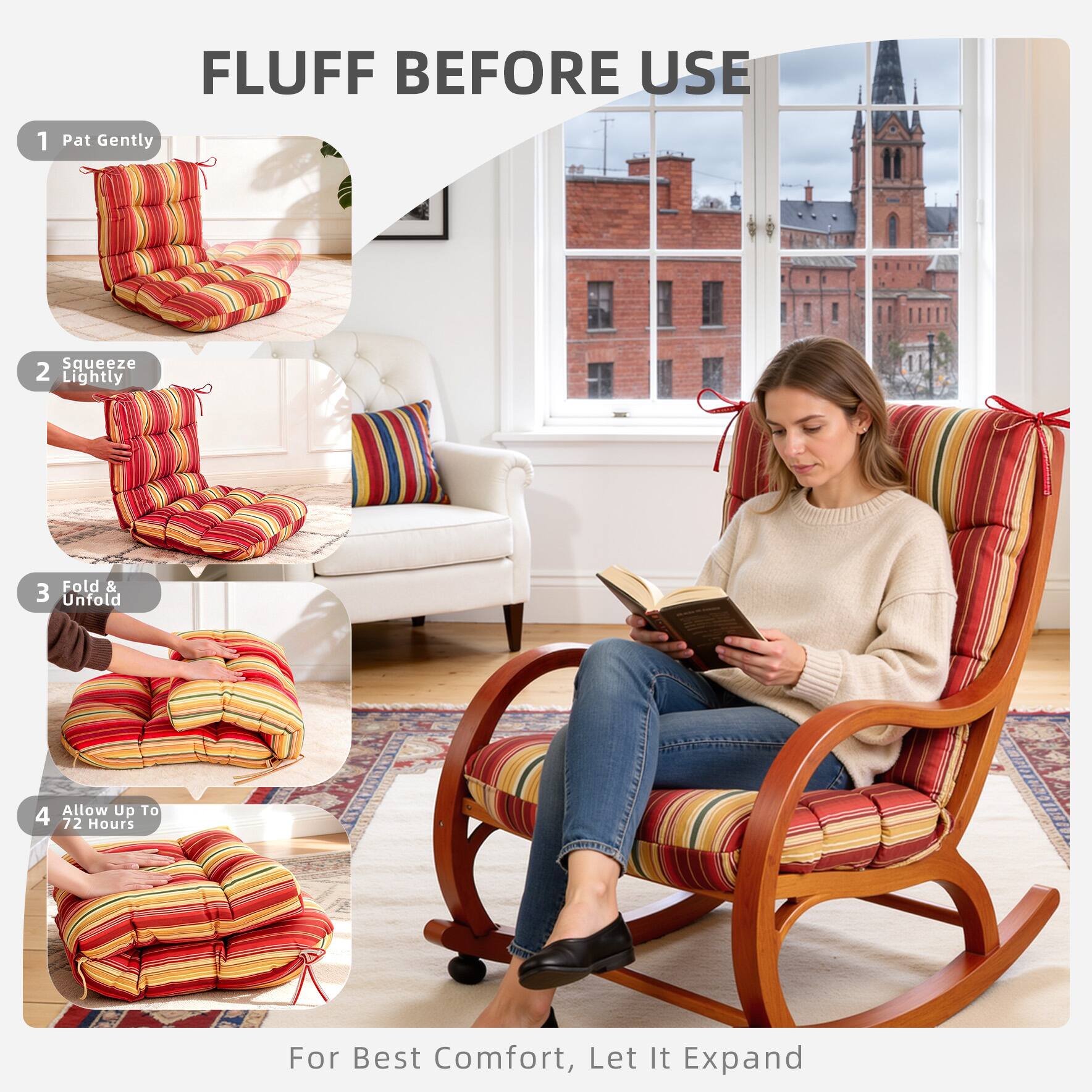 FLUFF BEFORE USE

1. Pat Gently
2. Squeeze Lightly
3. Fold & Unfold
4. Allow Up To 72 Hours

For Best Comfort, Let It Expand