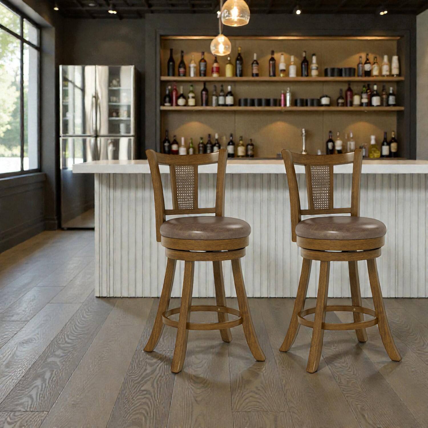 Front. Hivvago - 30 Inch Counter Height Bar Chairs with Woven Rattan Back and Wooden Structure - Set of 2 - Brown.