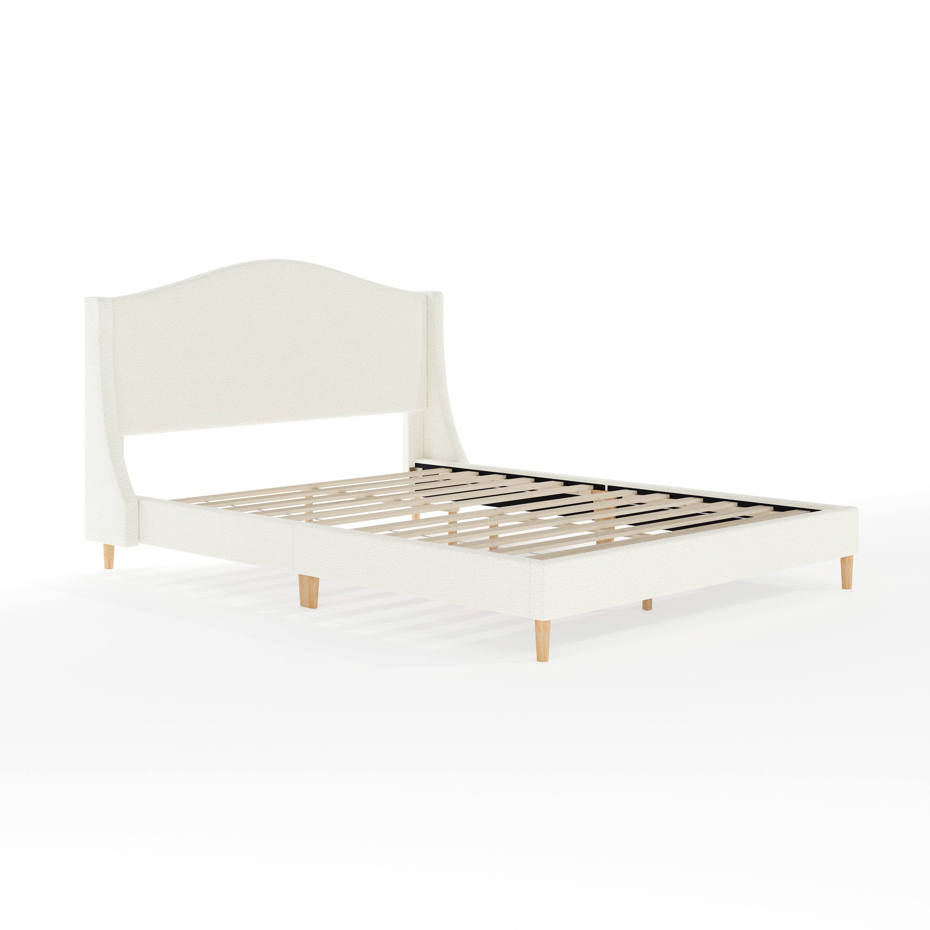 Alt View 1. Martha Stewart - Upholstered Platform Bed with Curved Headboard - Off-White Boucle/Light Beech Legs.