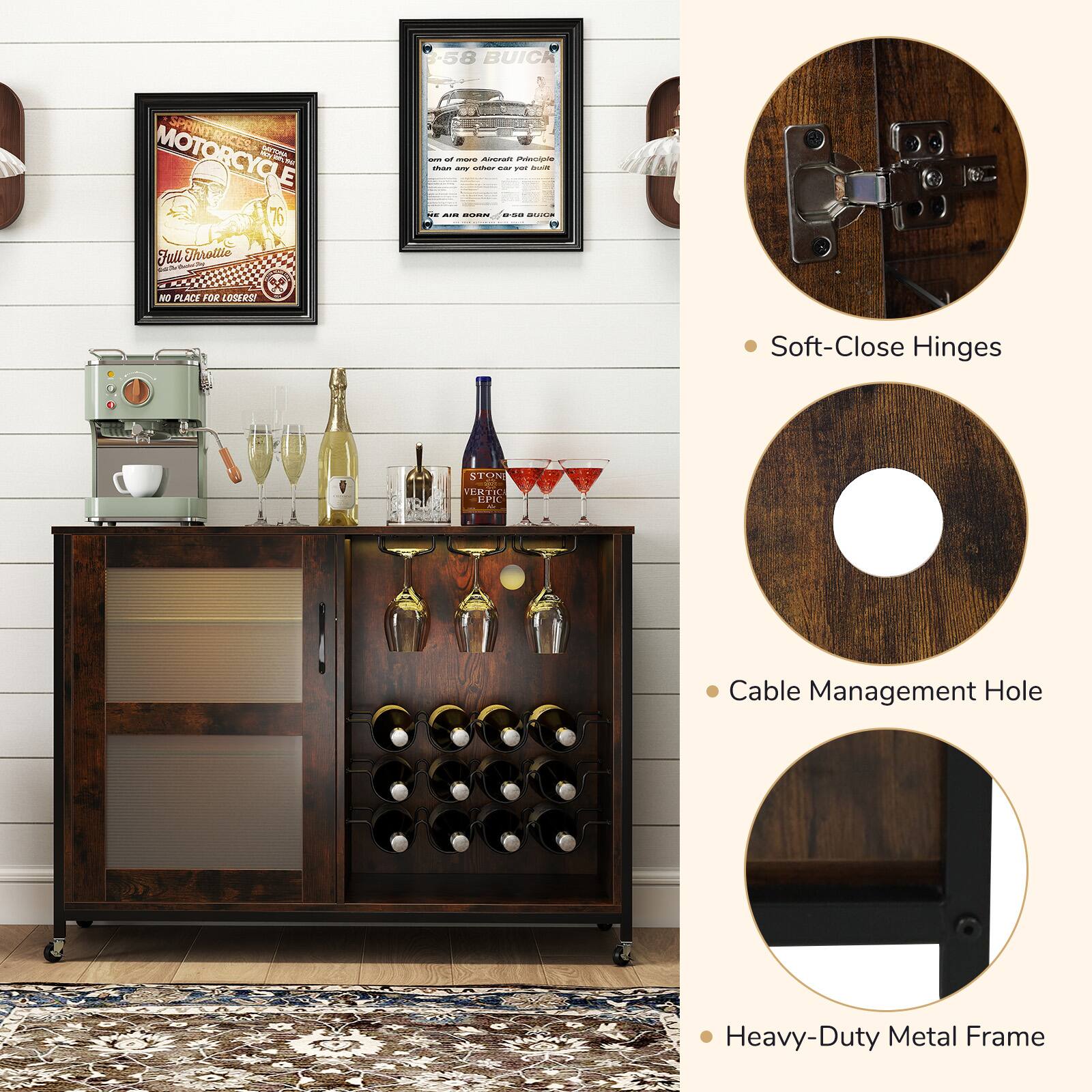 - Soft-Close Hinges
- Cable Management Hole
- Heavy-Duty Metal Frame